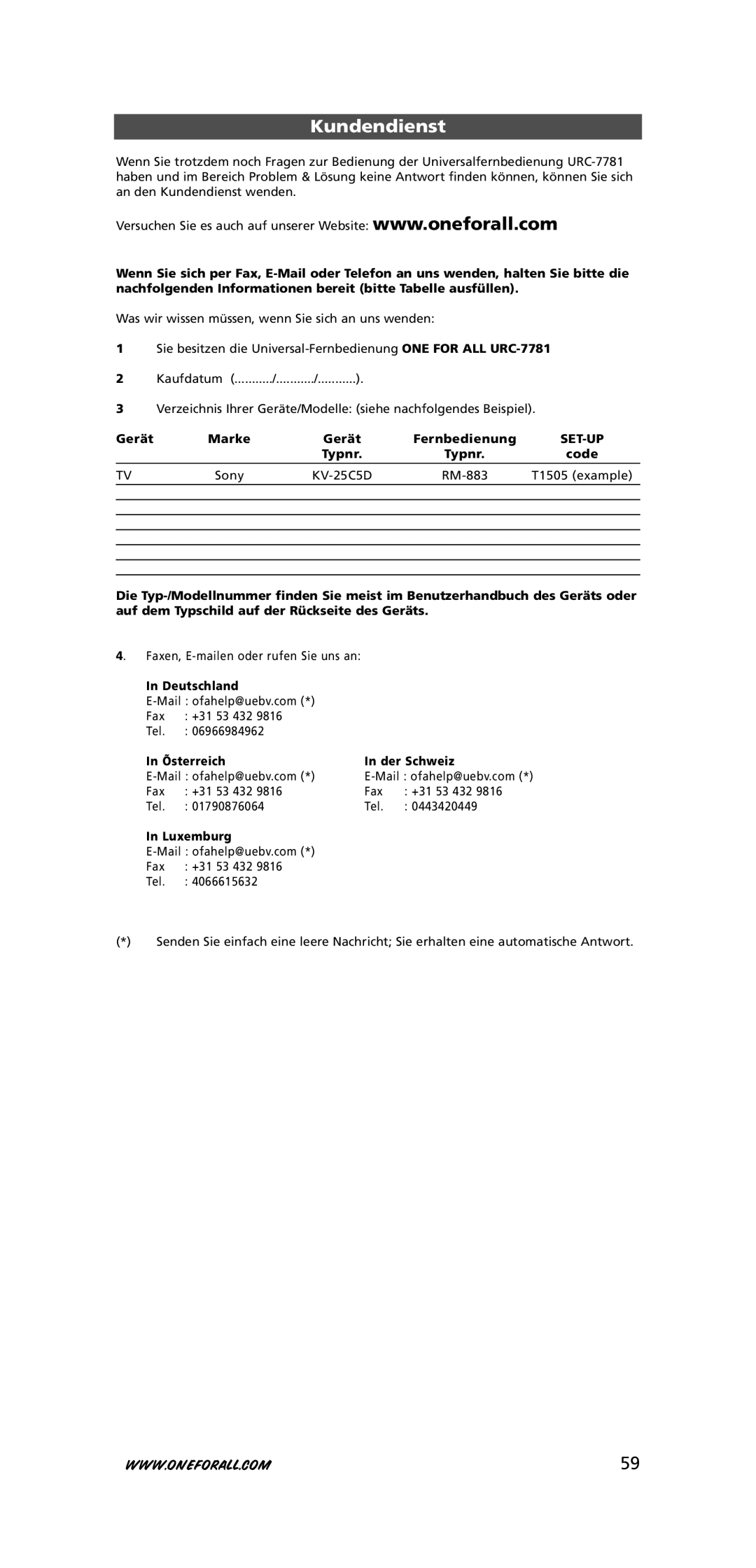 One for All URC-7781 warranty Kundendienst 