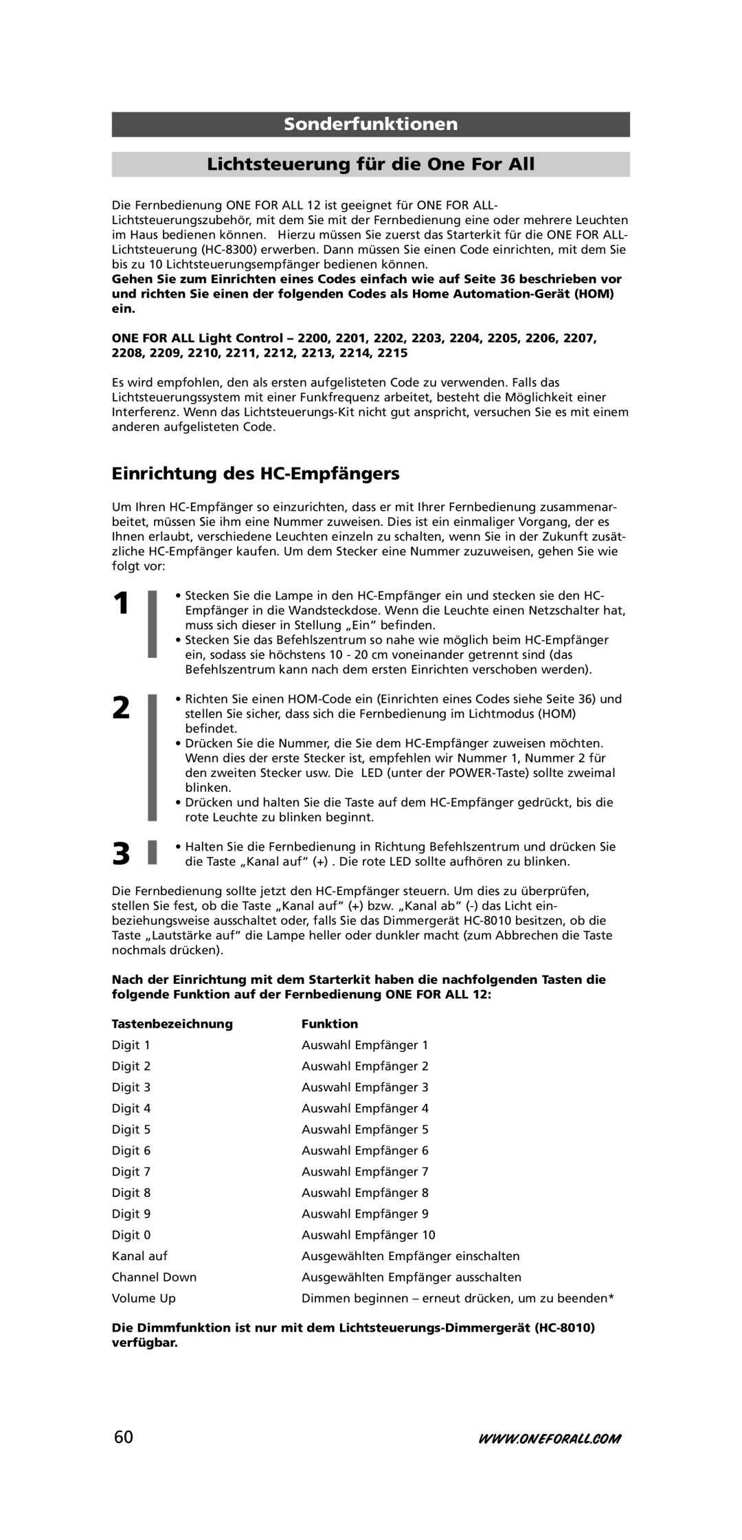 One for All URC-7781 warranty Lichtsteuerung für die One For All, Einrichtung des HC-Empfängers 