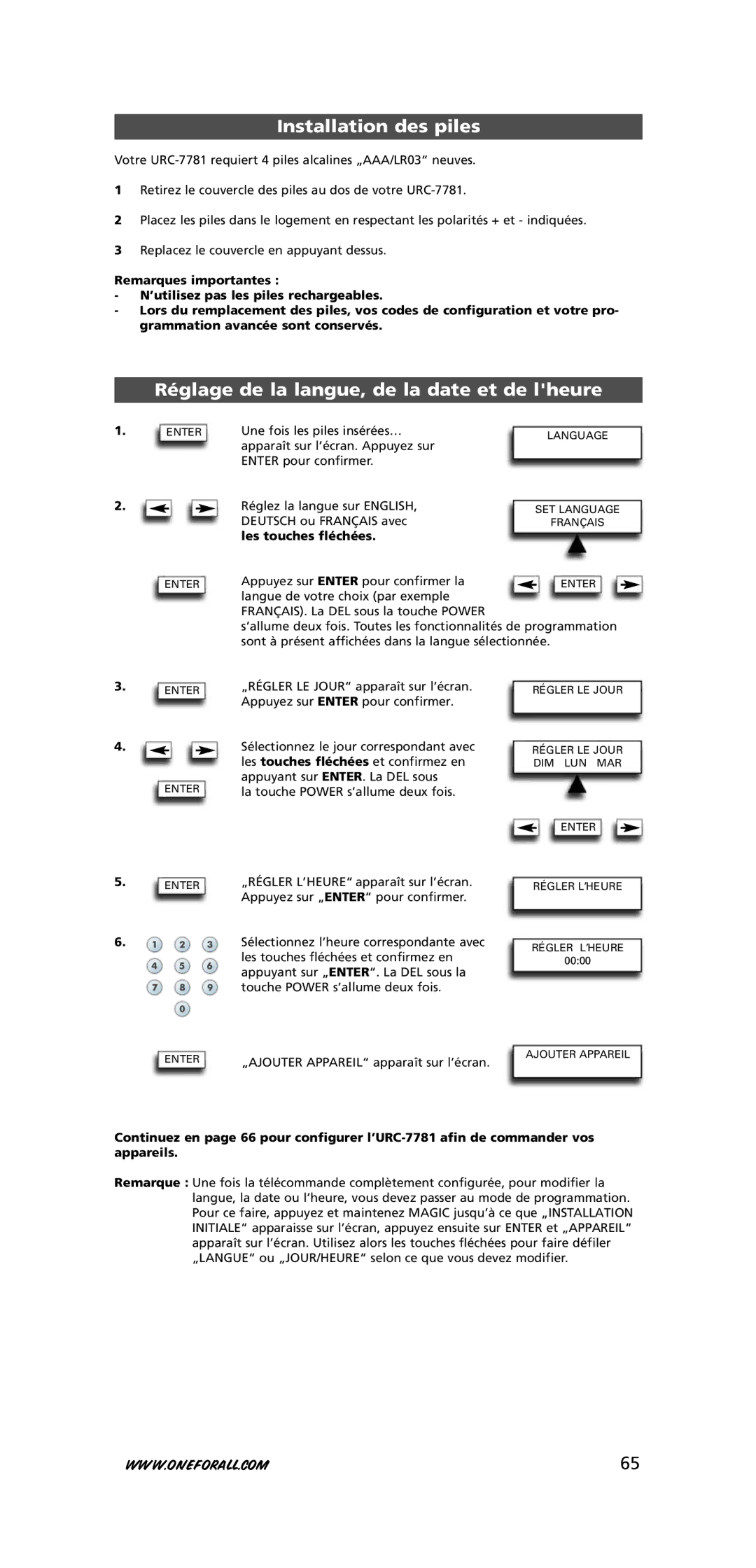 One for All URC-7781 warranty Installation des piles, Réglage de la langue, de la date et de lheure, Les touches fléchées 