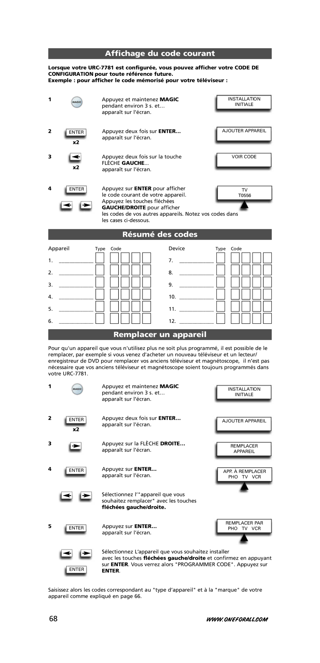 One for All URC-7781 Affichage du code courant, Résumé des codes, Remplacer un appareil, GAUCHE/DROITE pour afficher 