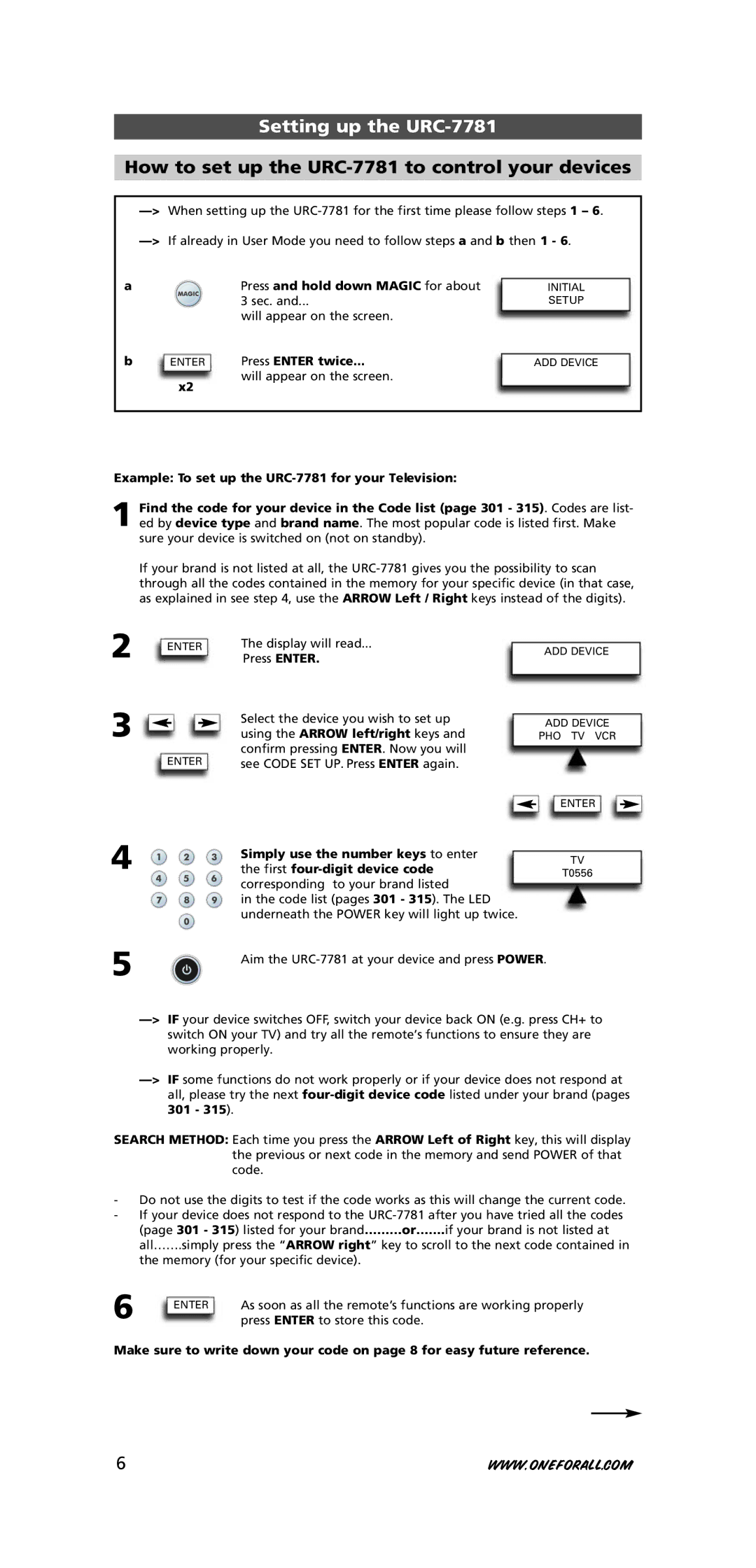 One for All warranty Setting up the URC-7781, How to set up the URC-7781 to control your devices, Press Enter twice 