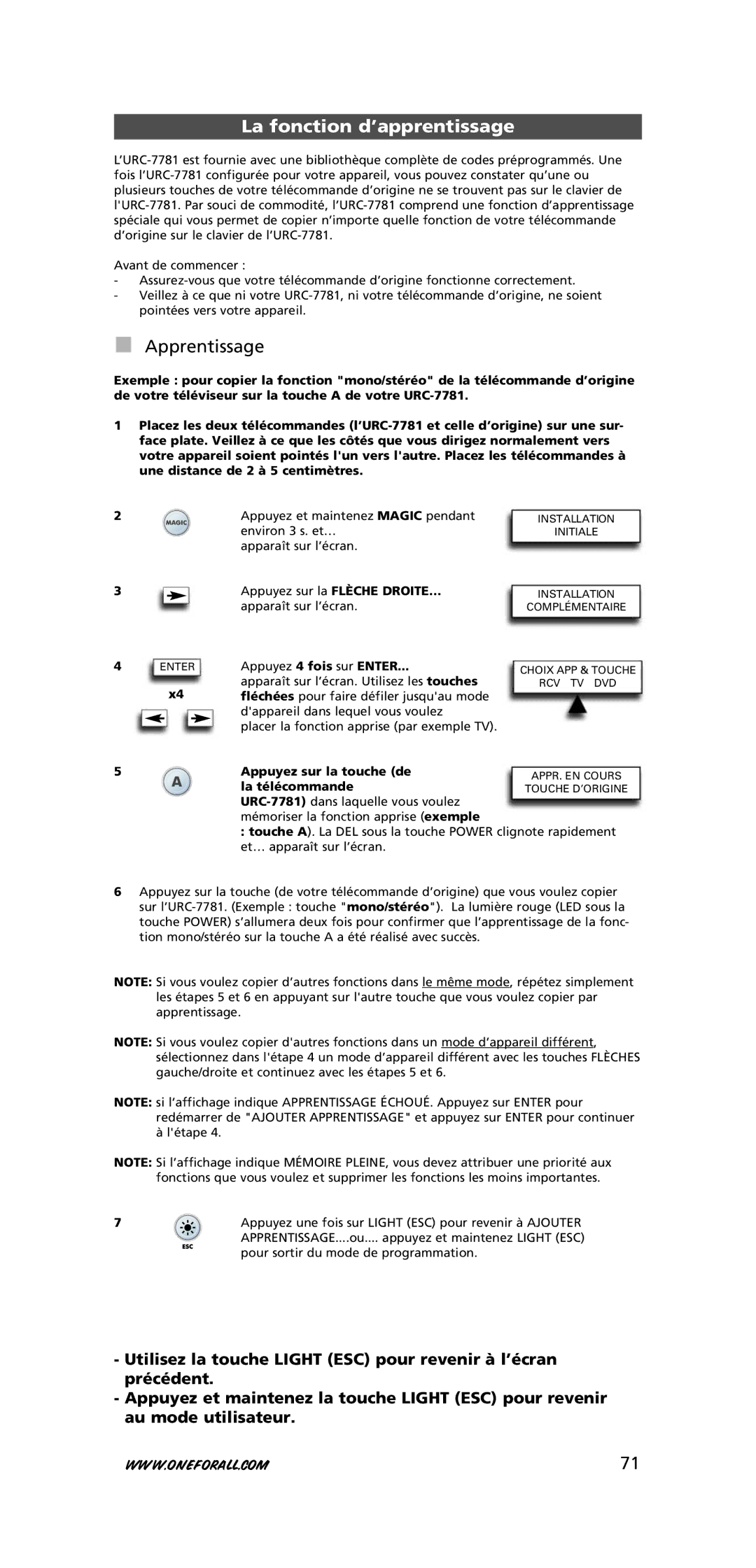 One for All URC-7781 warranty La fonction d’apprentissage, Apprentissage, Appuyez 4 fois sur Enter 