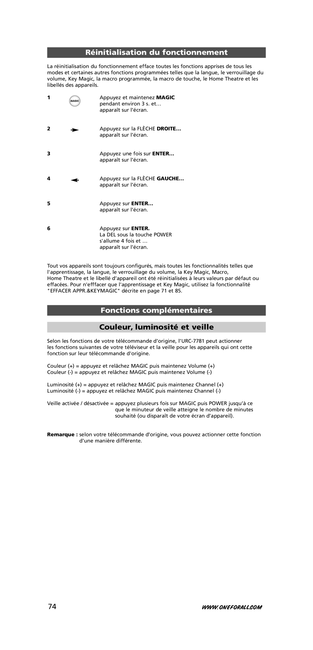 One for All URC-7781 warranty Réinitialisation du fonctionnement, Fonctions complémentaires, Couleur, luminosité et veille 