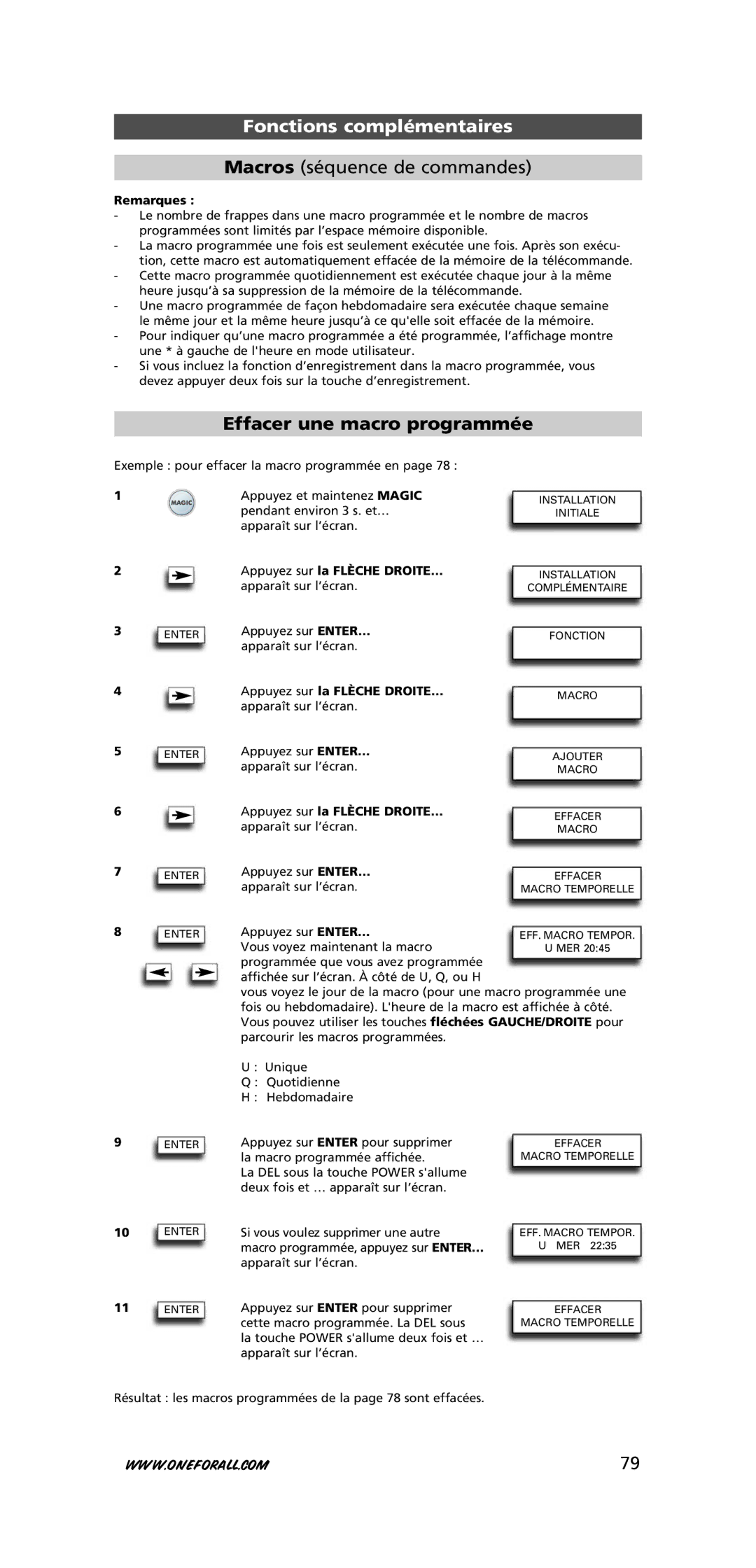 One for All URC-7781 warranty Effacer une macro programmée, Remarques, Vous voyez maintenant la macro 