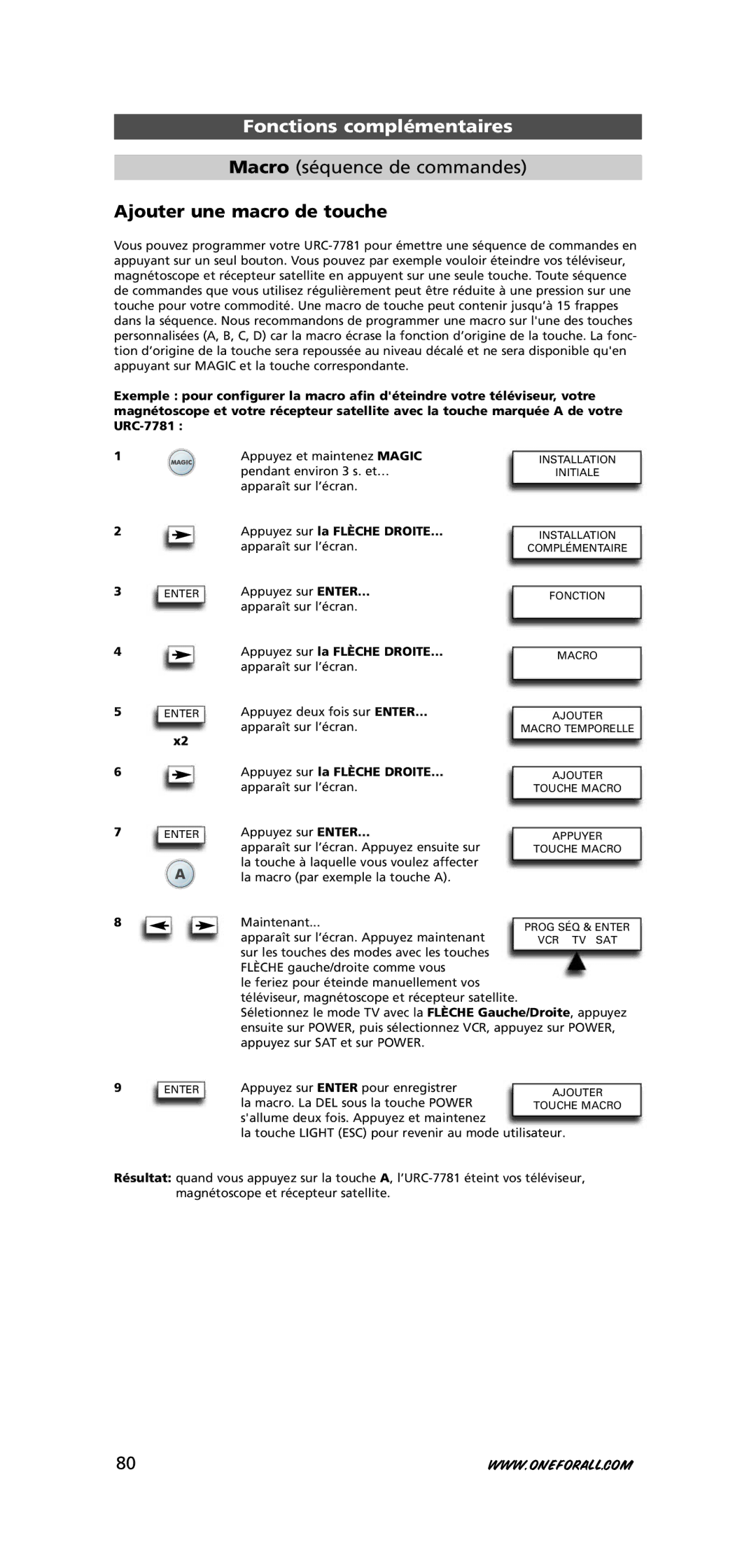 One for All URC-7781 warranty Macro séquence de commandes, Ajouter une macro de touche 