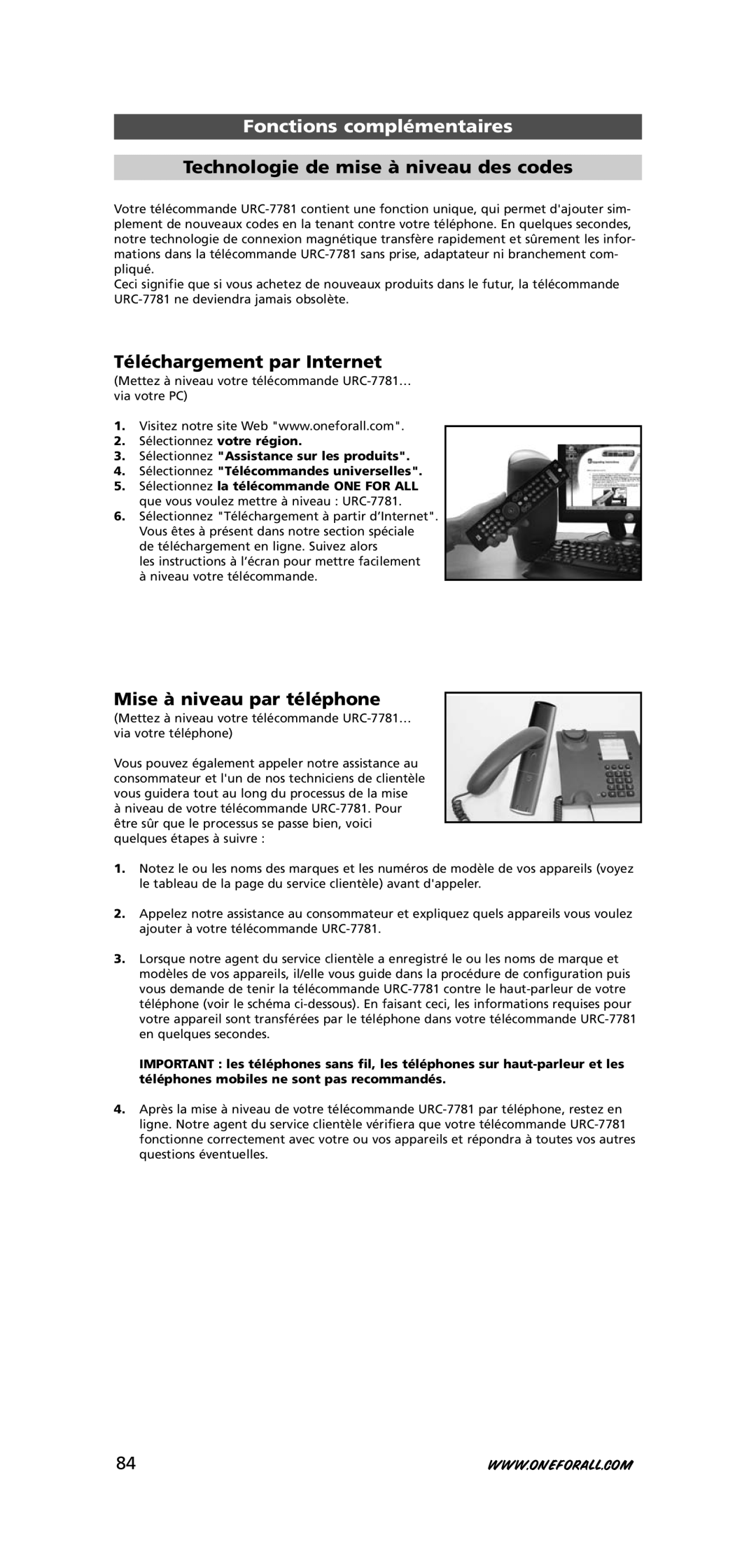 One for All URC-7781 Technologie de mise à niveau des codes, Téléchargement par Internet, Mise à niveau par téléphone 