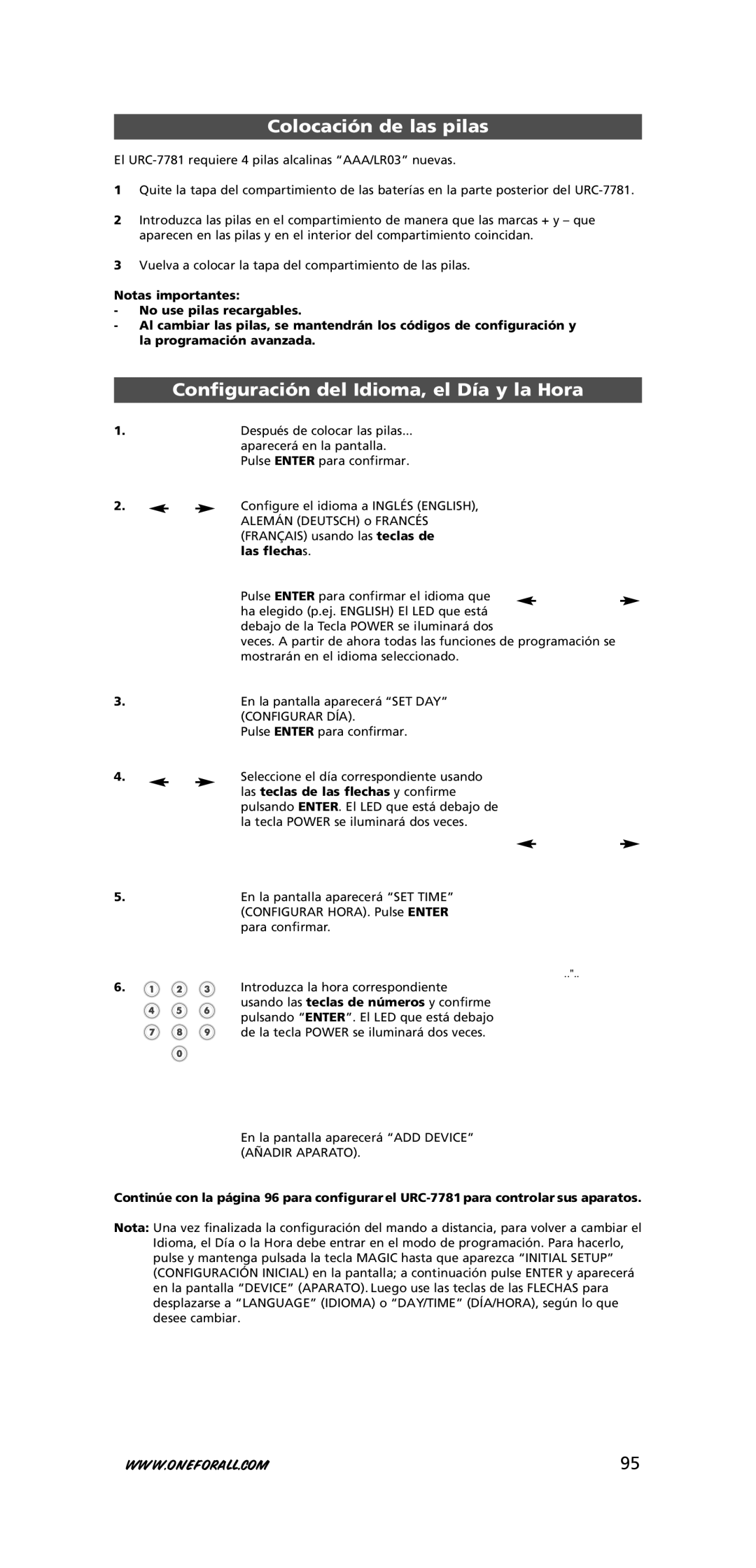 One for All URC-7781 Colocación de las pilas, Configuración del Idioma, el Día y la Hora, Las flechas, Configurar DÍA 