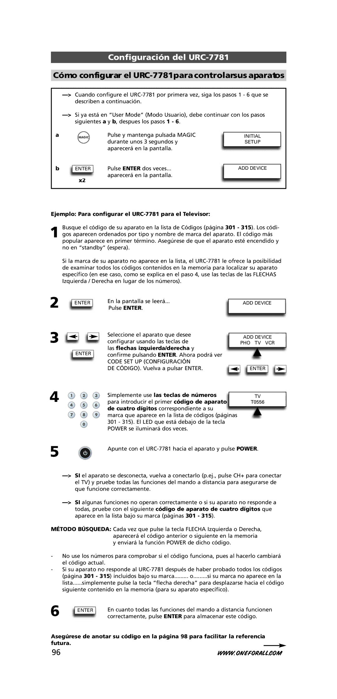 One for All warranty Configuración del URC-7781, Cómo configurar el URC-7781para controlarsus aparatos 