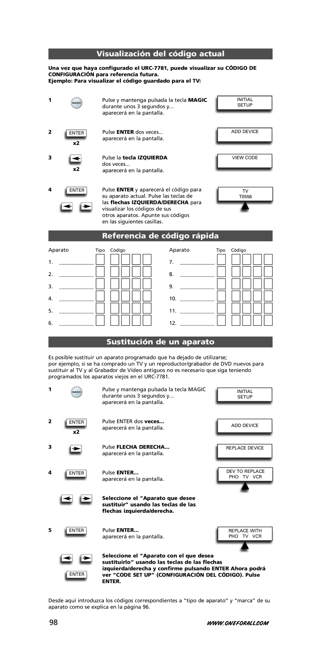 One for All URC-7781 warranty Visualización del código actual, Referencia de código rápida, Sustitución de un aparato 