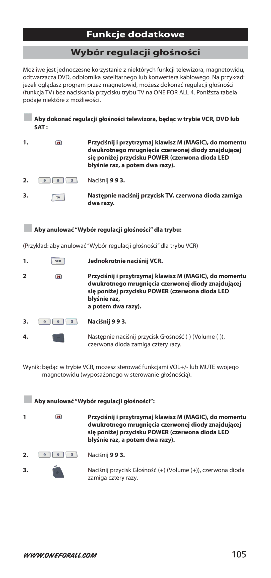 One for All 704917, URC-7940 instruction manual Wybór regulacji głośności, 105 