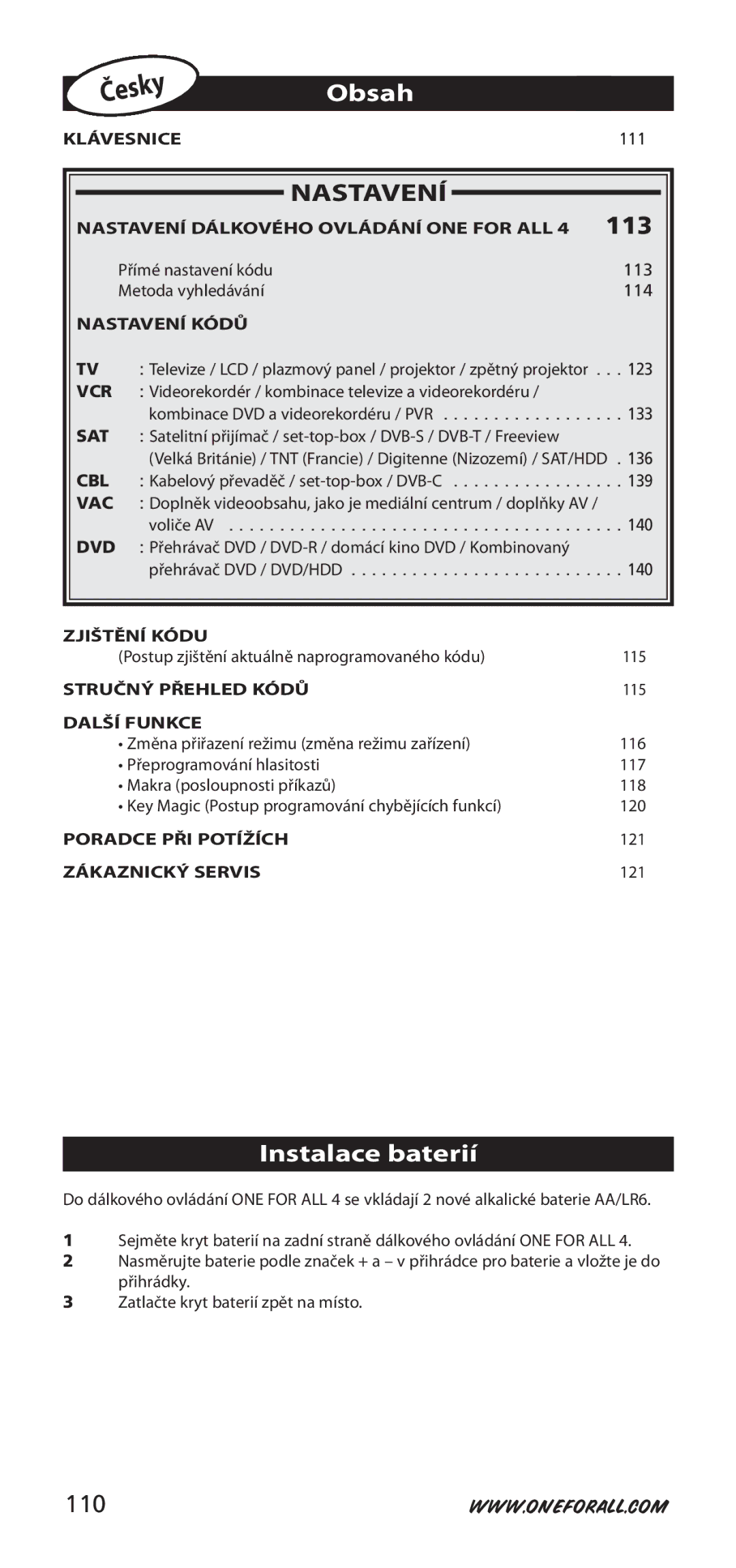 One for All URC-7940, 704917 instruction manual Obsah, 113, Instalace baterií, 110 