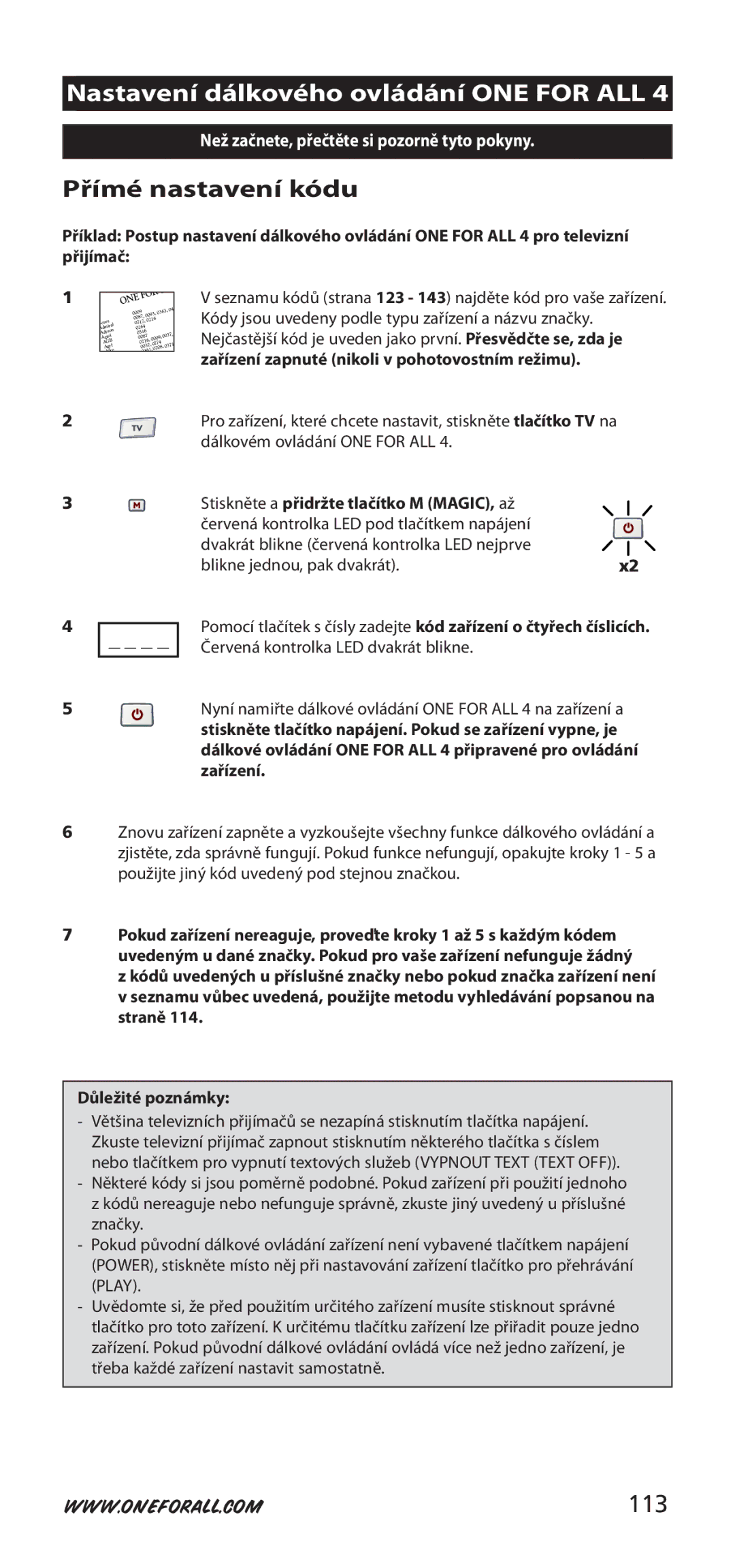 One for All 704917, URC-7940 instruction manual Nastavení dálkového ovládání ONE for ALL, Přímé nastavení kódu 