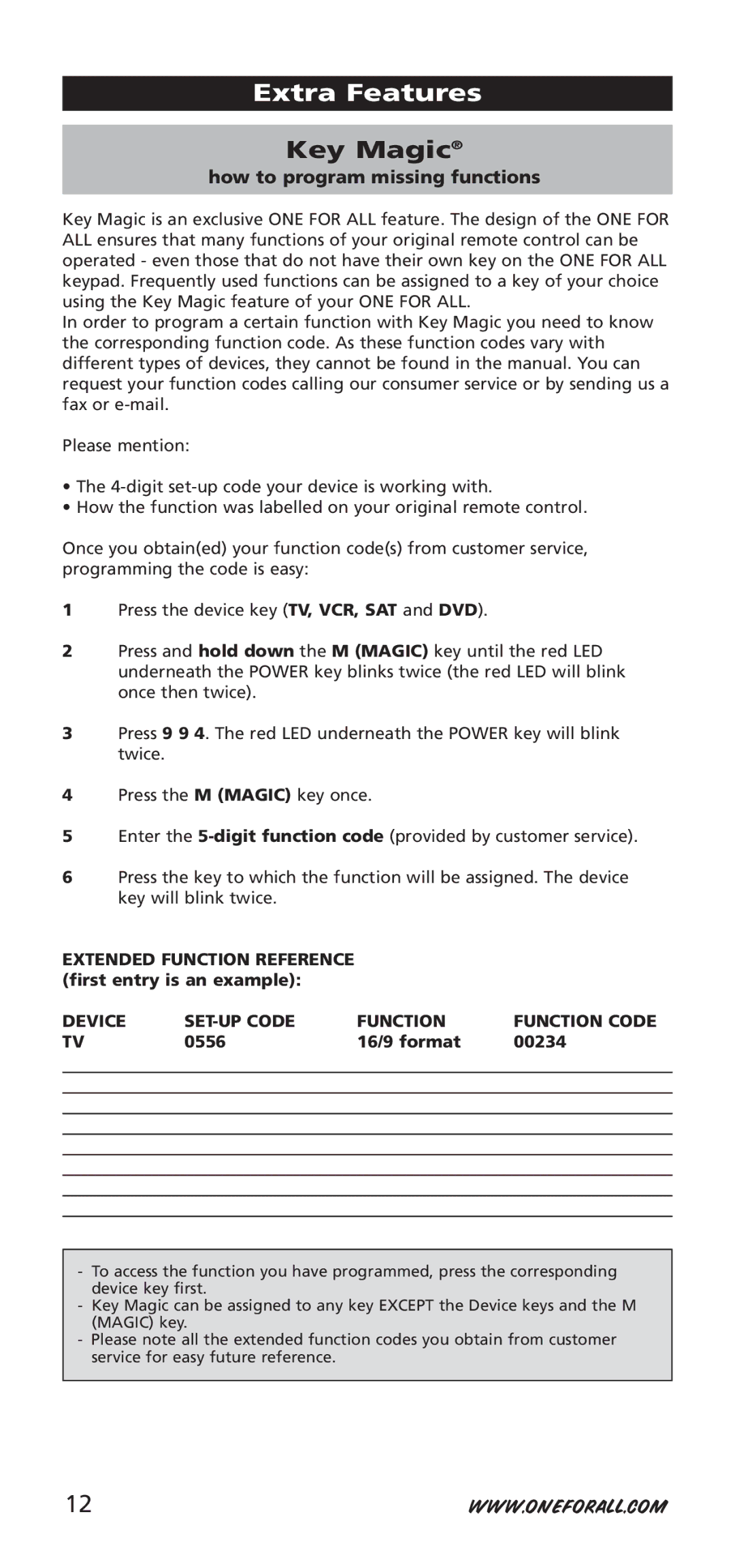 One for All URC-7940, 704917 Key Magic, Extended Function Reference first entry is an example, 0556 16/9 format 00234 