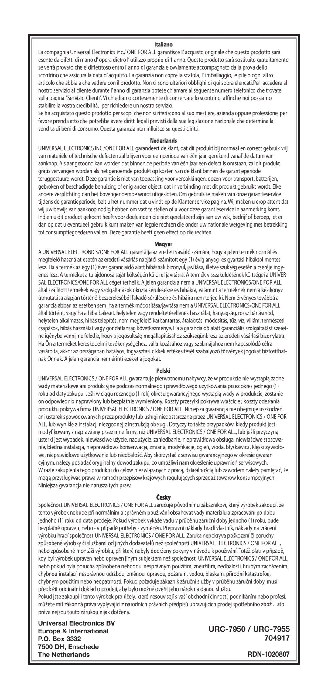 One for All URC-7940 instruction manual URC-7950 / URC-7955, 704917, RDN-1020807 