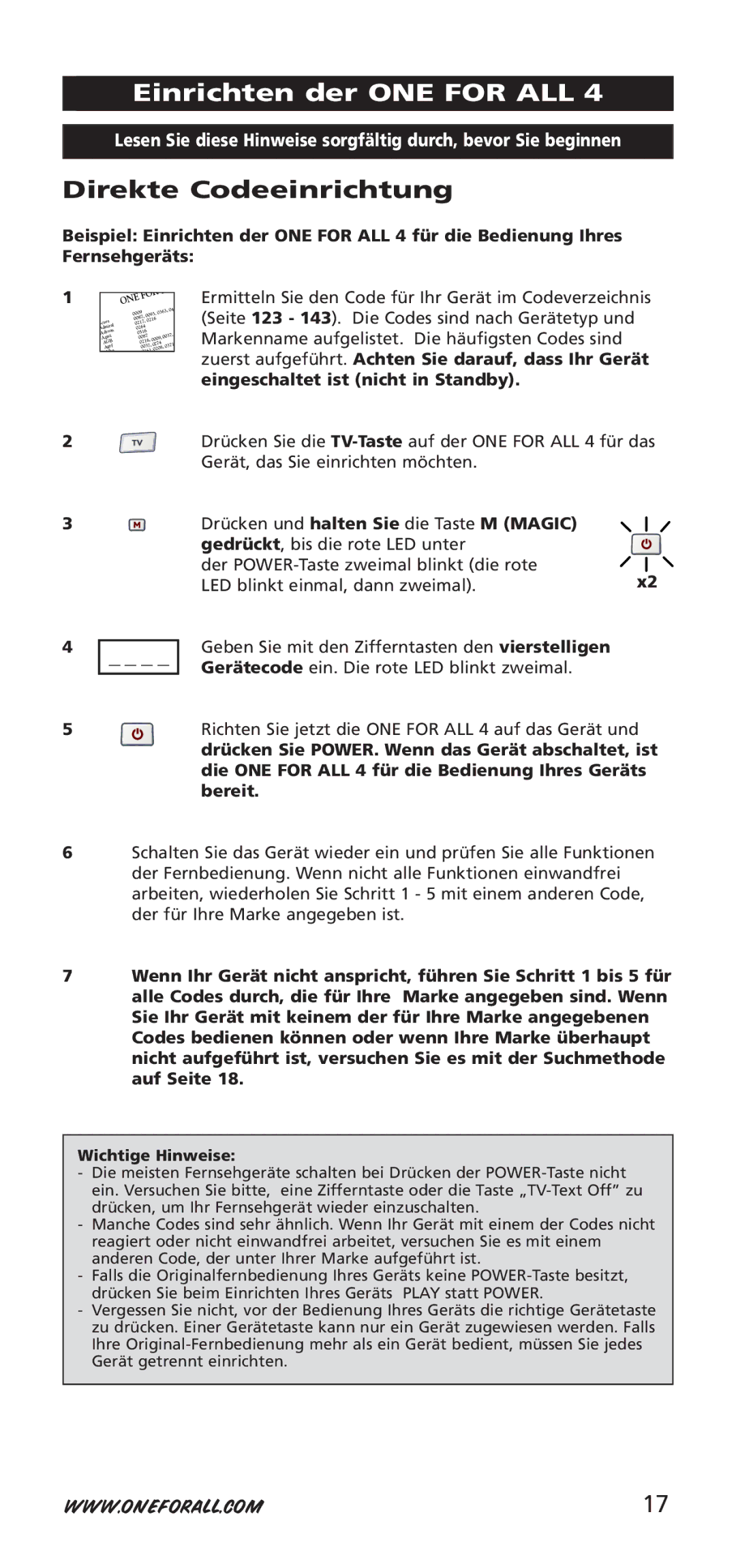 One for All 704917, URC-7940 instruction manual Einrichten der ONE for ALL, Direkte Codeeinrichtung 