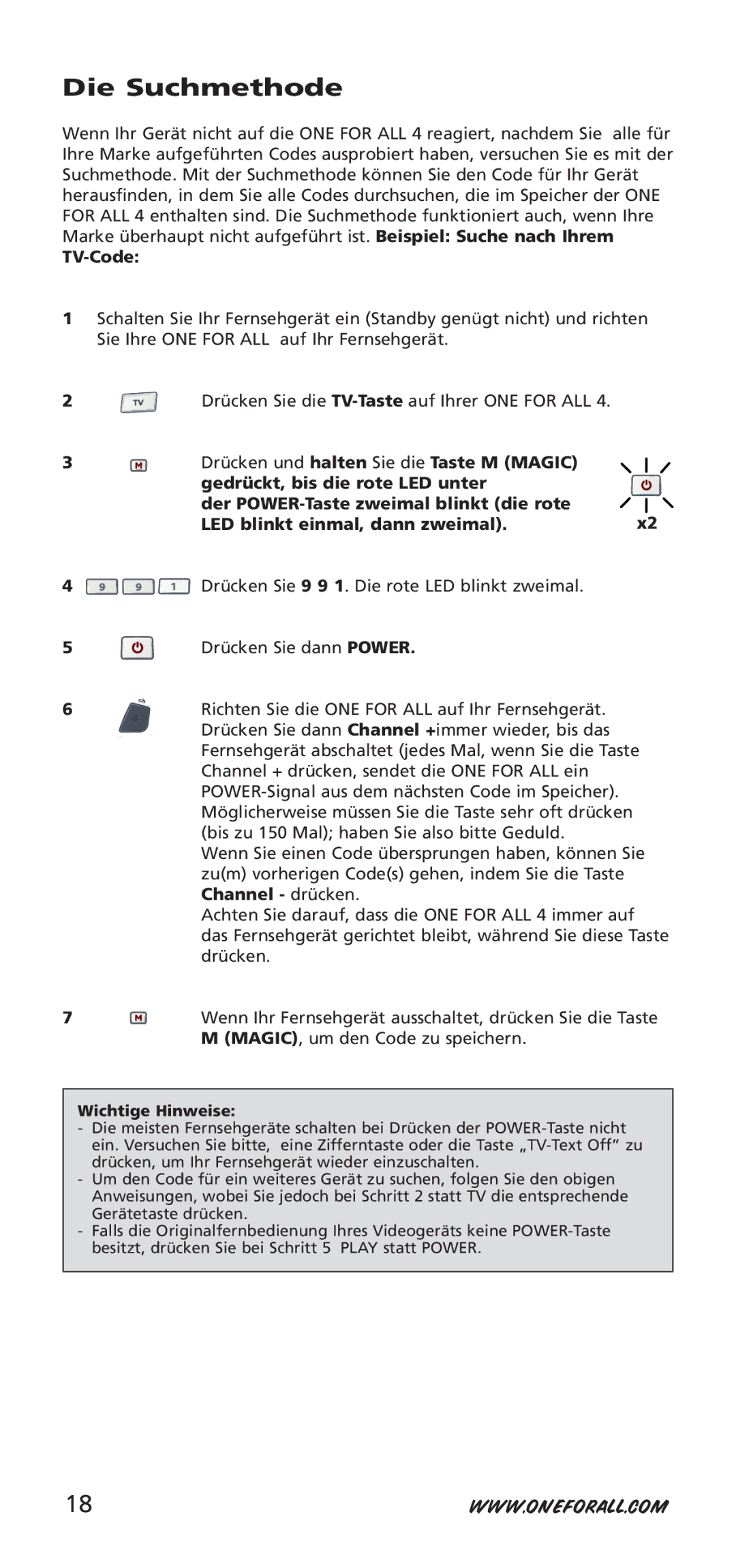 One for All URC-7940, 704917 instruction manual Die Suchmethode, TV-Code, Channel drücken 