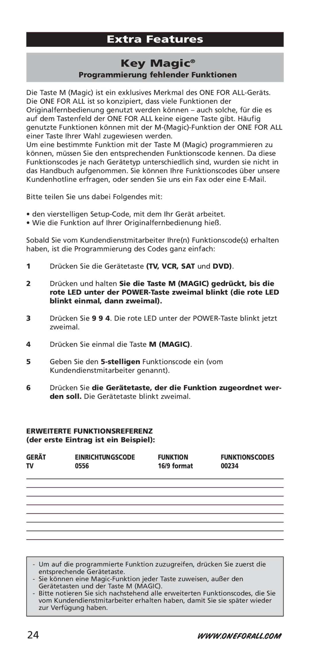 One for All URC-7940, 704917 instruction manual Programmierung fehlender Funktionen, Gerät Einrichtungscode Funktion 