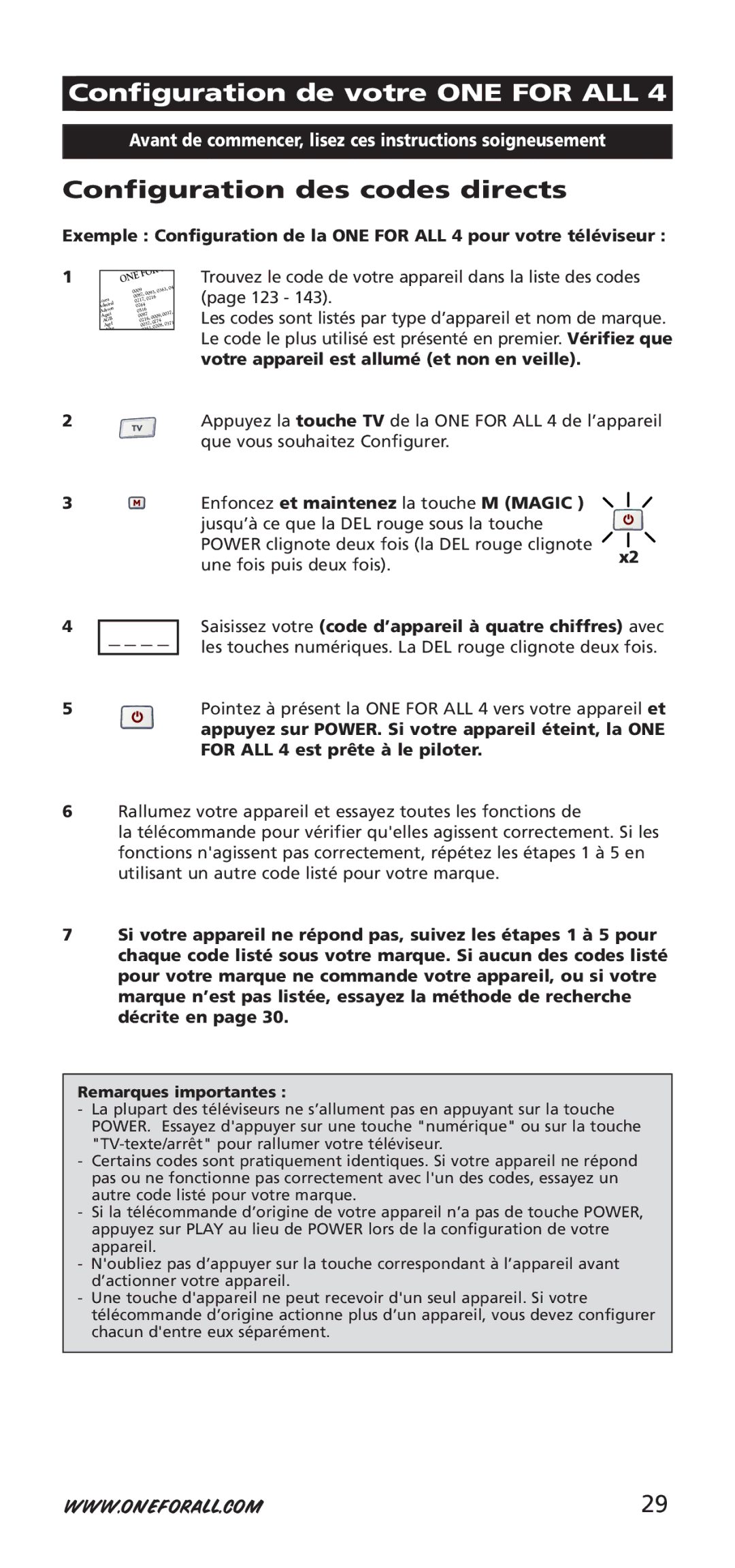 One for All 704917, URC-7940 instruction manual Configuration de votre ONE for ALL, Configuration des codes directs 