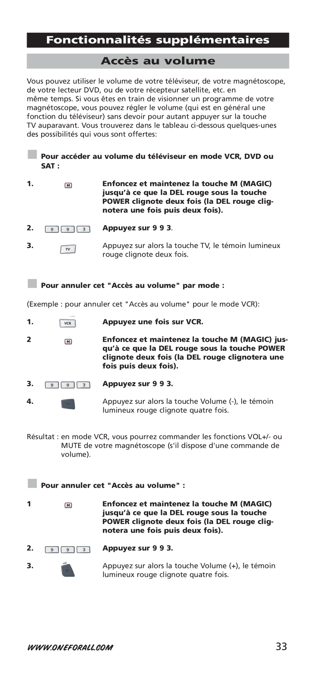 One for All 704917, URC-7940 instruction manual Accès au volume 