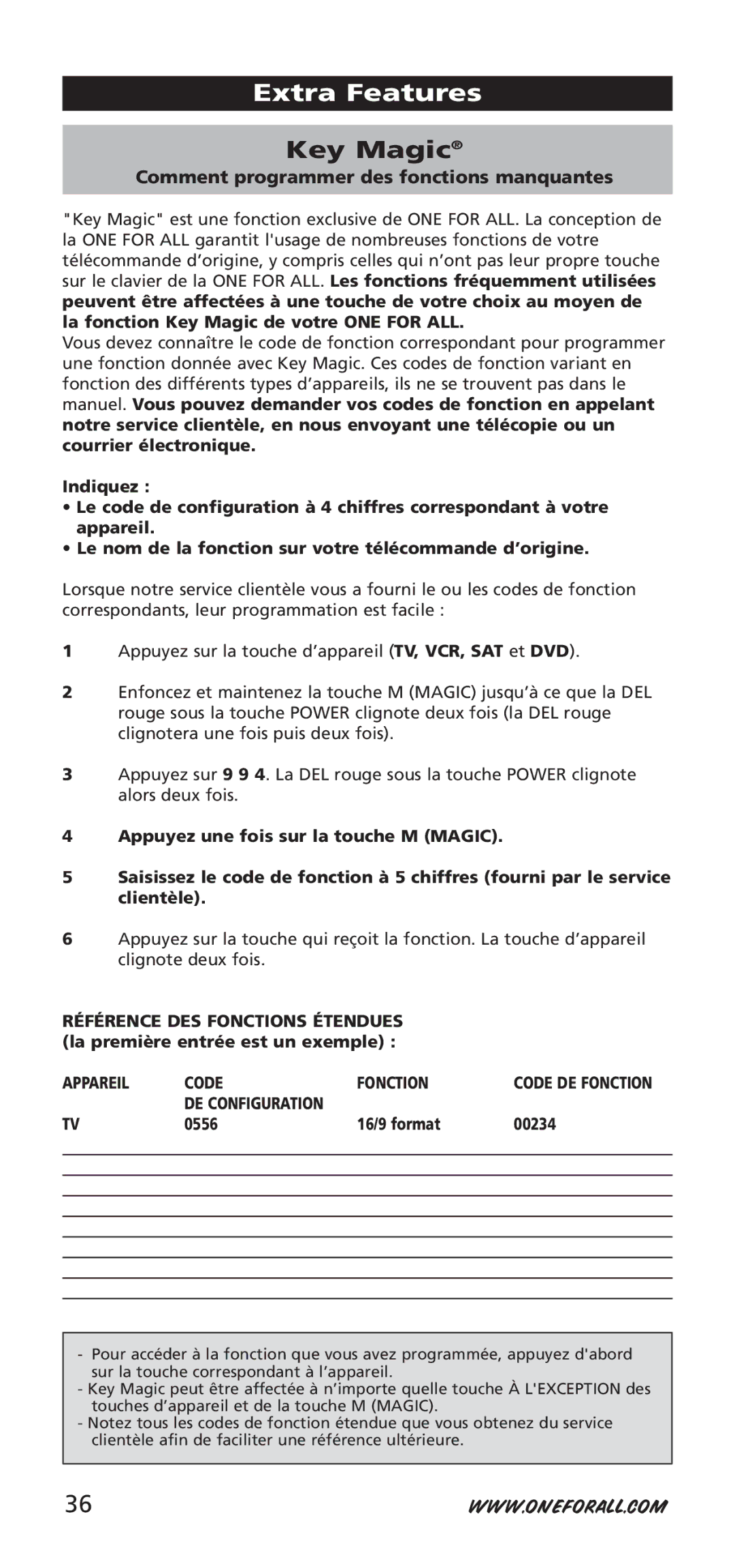 One for All URC-7940, 704917 instruction manual Appareil Code Fonction, DE Configuration 