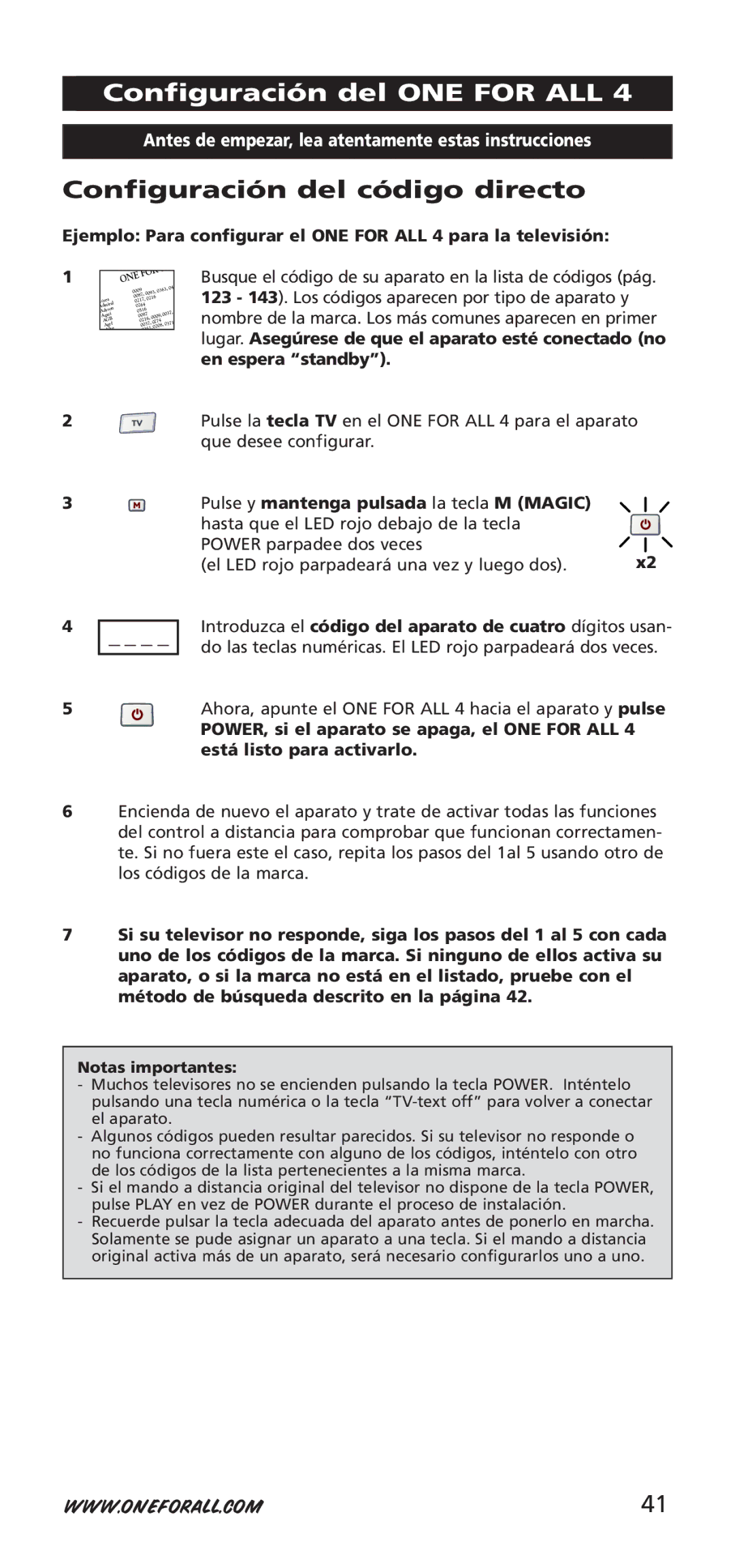 One for All 704917, URC-7940 instruction manual Configuración del ONE for ALL, Configuración del código directo 