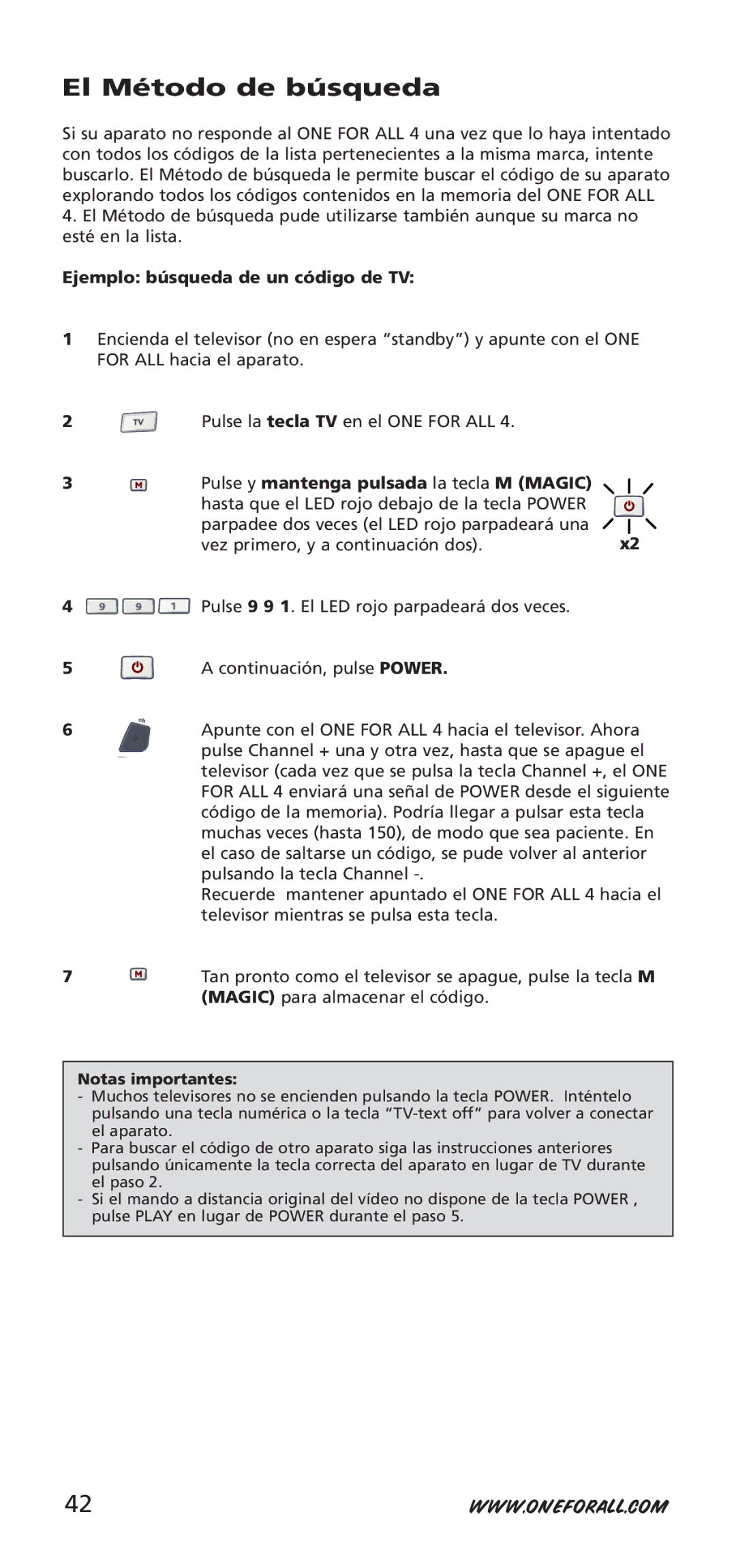 One for All URC-7940, 704917 instruction manual El Método de búsqueda, Ejemplo búsqueda de un código de TV 