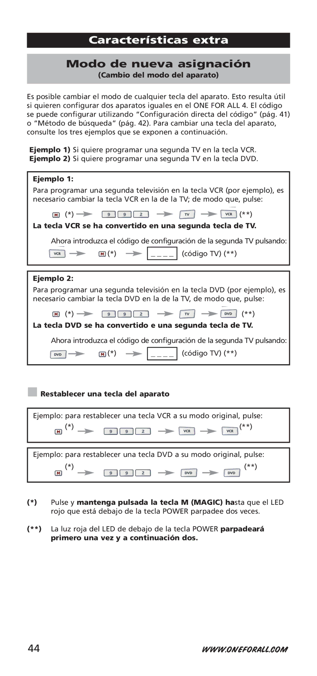 One for All URC-7940, 704917 instruction manual Características extra, Modo de nueva asignación 