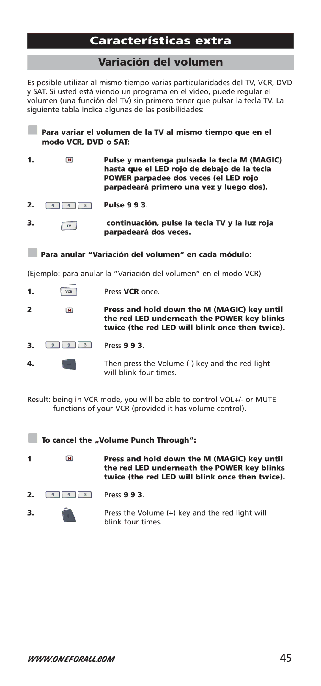 One for All 704917, URC-7940 instruction manual Ejemplo para anular la Variación del volumen en el modo VCR 