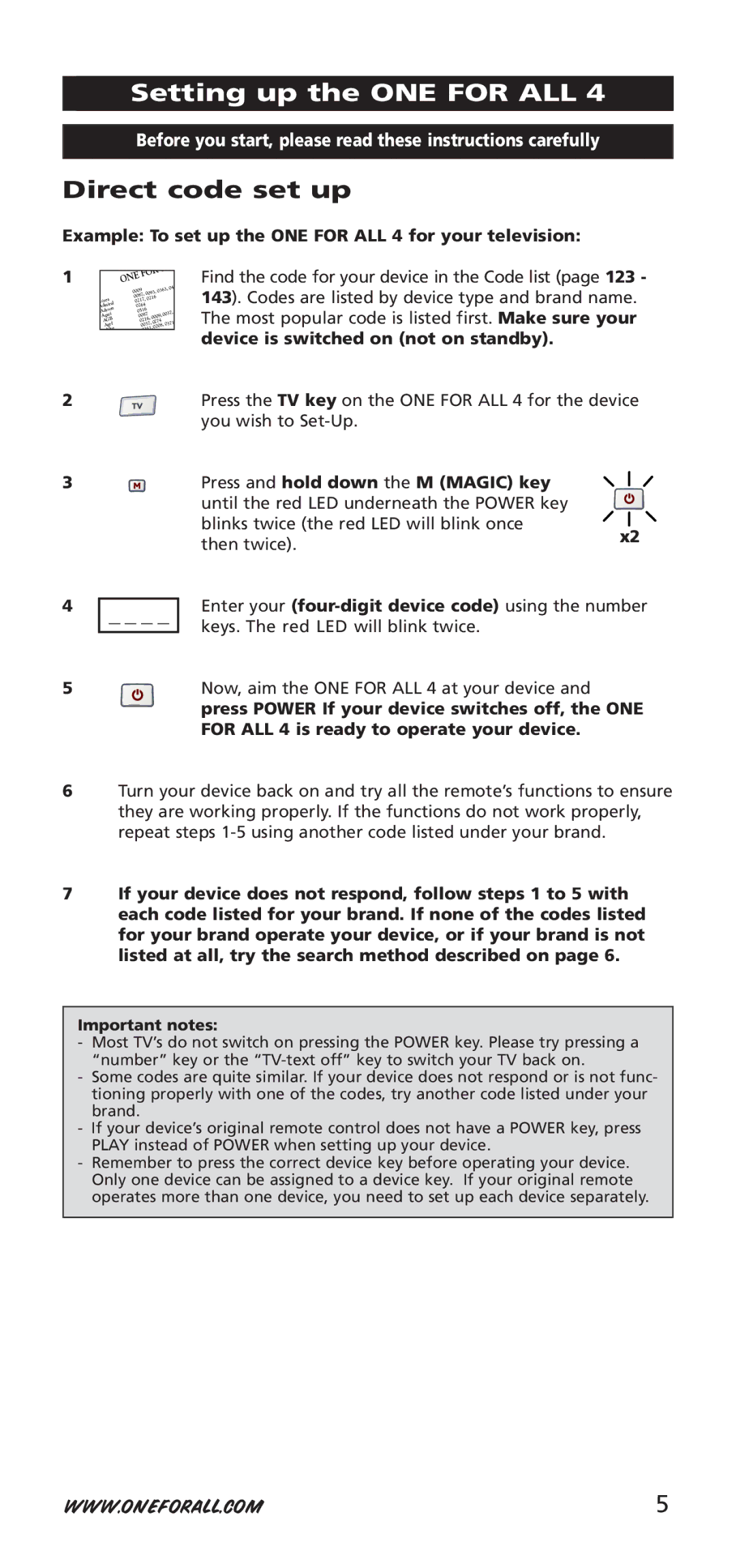 One for All 704917, URC-7940 instruction manual Setting up the ONE for ALL, Direct code set up 