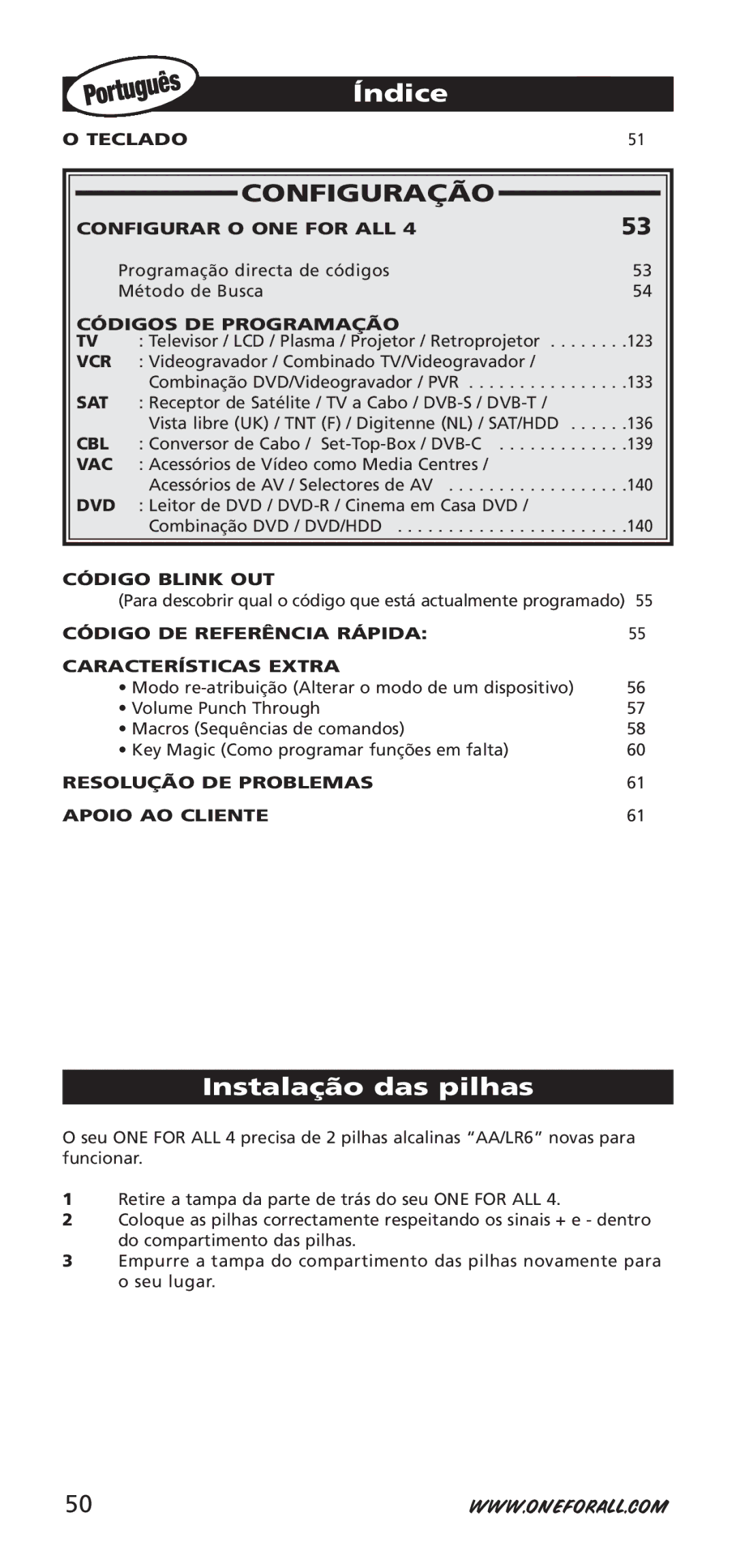 One for All URC-7940, 704917 instruction manual Instalação das pilhas 