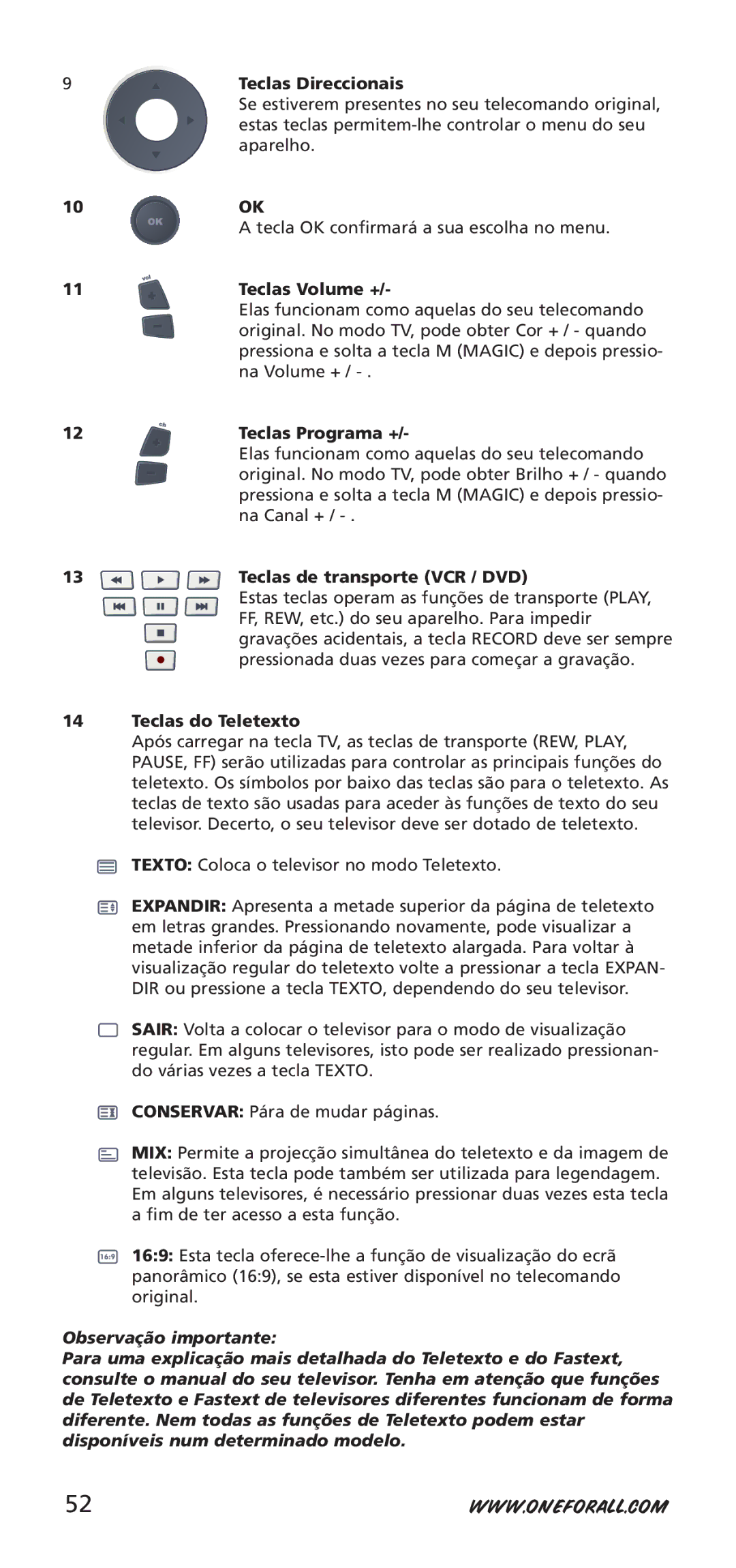 One for All URC-7940, 704917 instruction manual Teclas Direccionais, Teclas Programa +, Teclas do Teletexto 