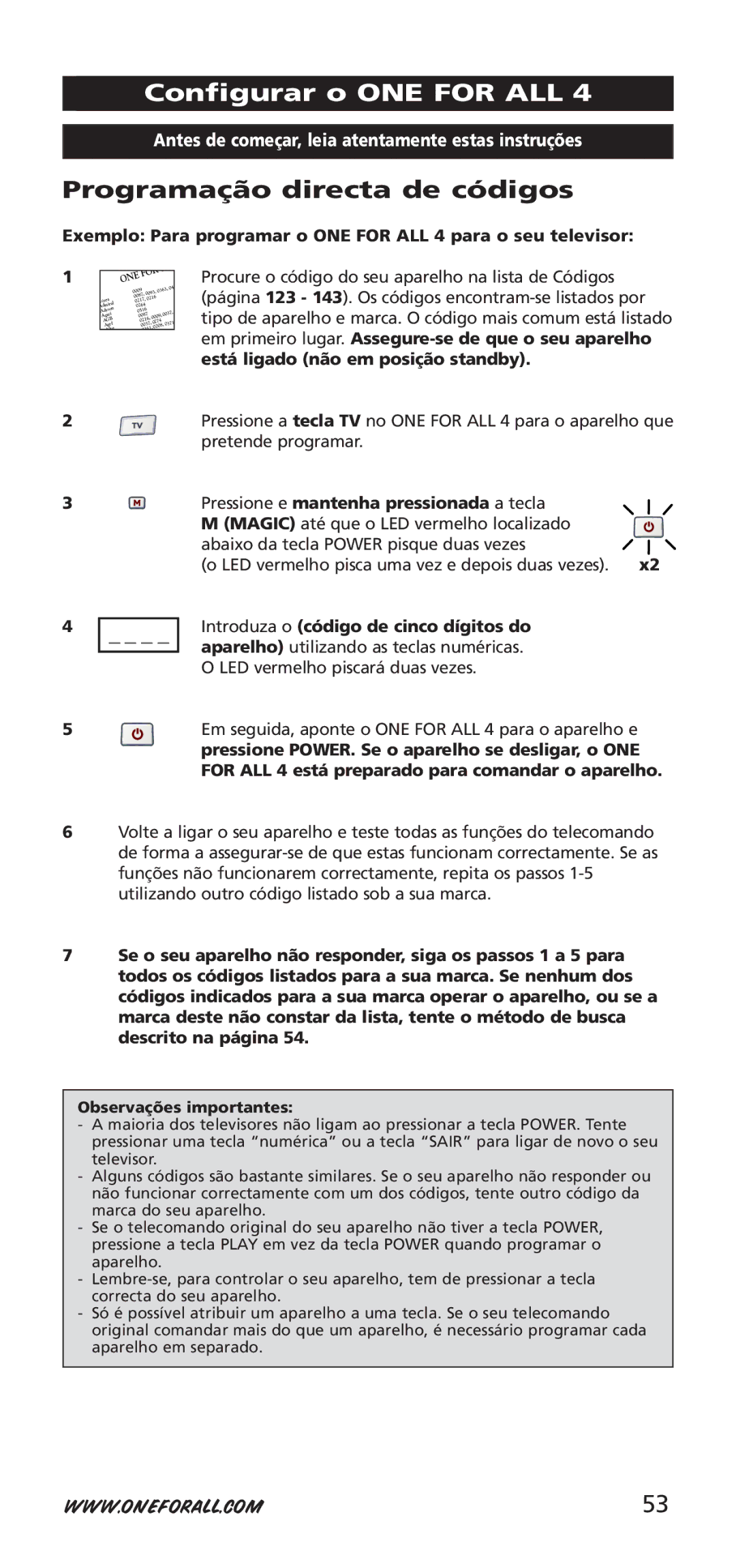 One for All 704917 Configurar o ONE for ALL, Programação directa de códigos, Aparelho utilizando as teclas numéricas 