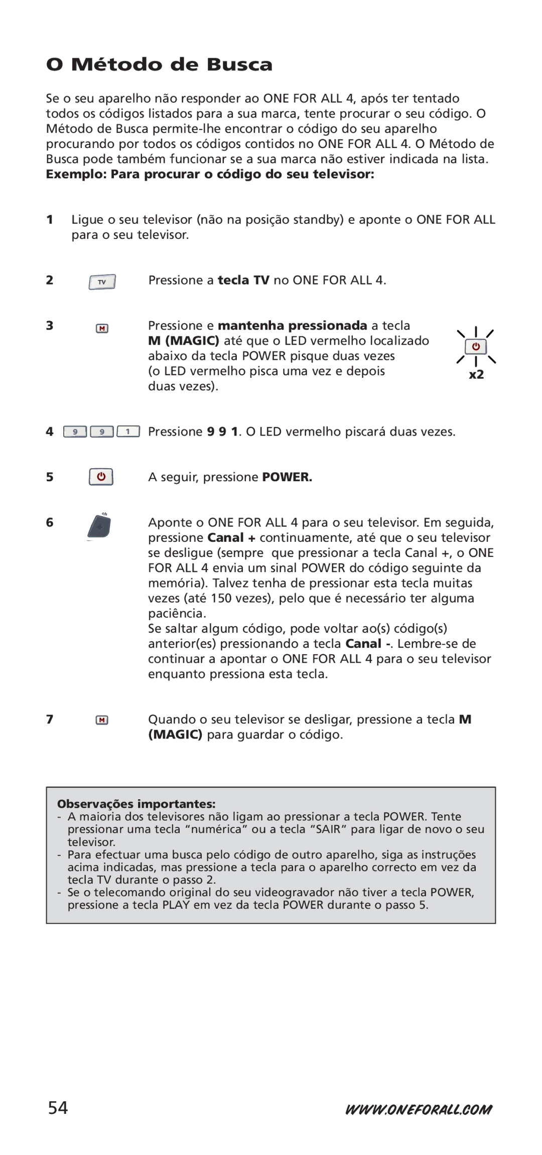 One for All URC-7940, 704917 instruction manual Método de Busca, Exemplo Para procurar o código do seu televisor 