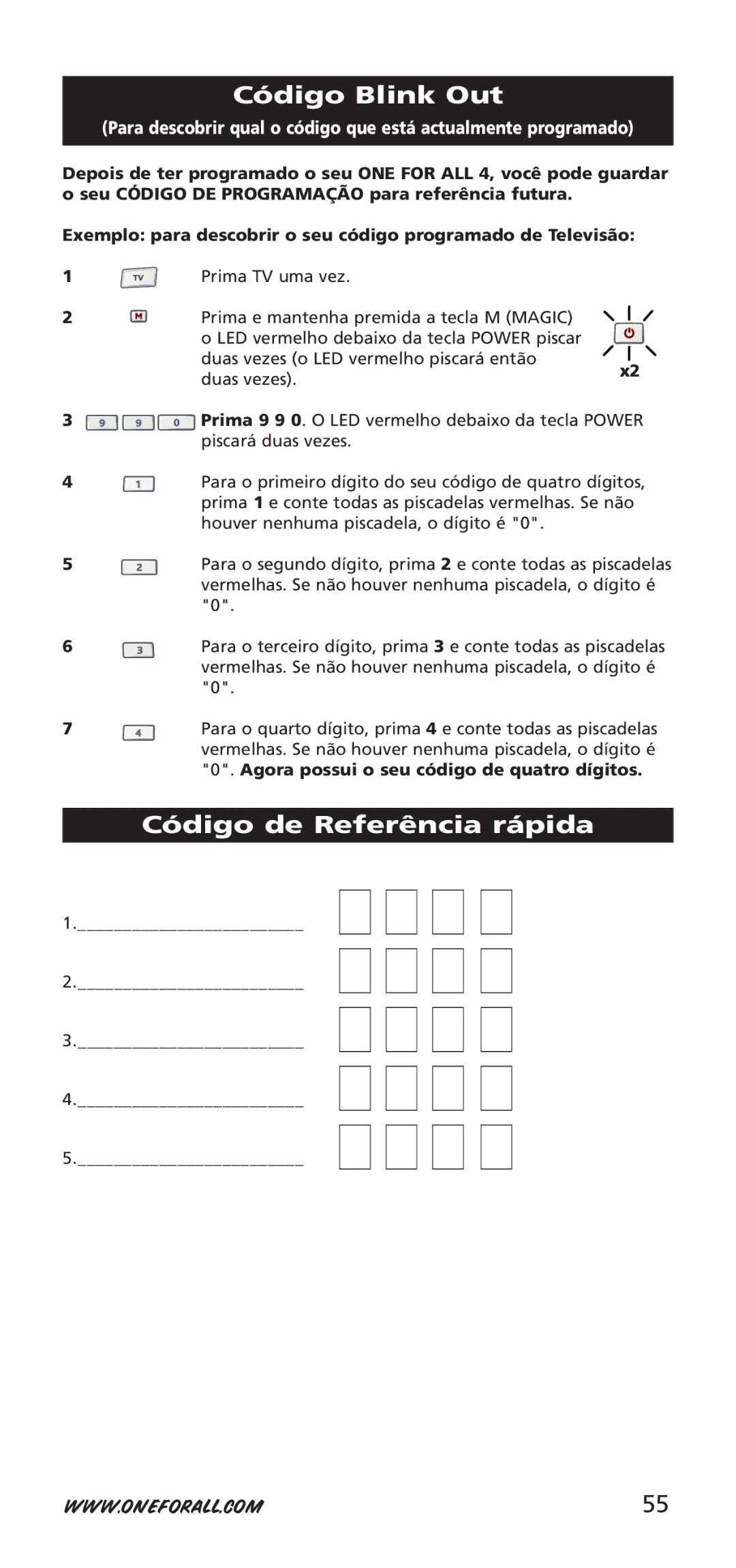 One for All 704917, URC-7940 Código Blink Out, Código de Referência rápida, Agora possui o seu código de quatro dígitos 