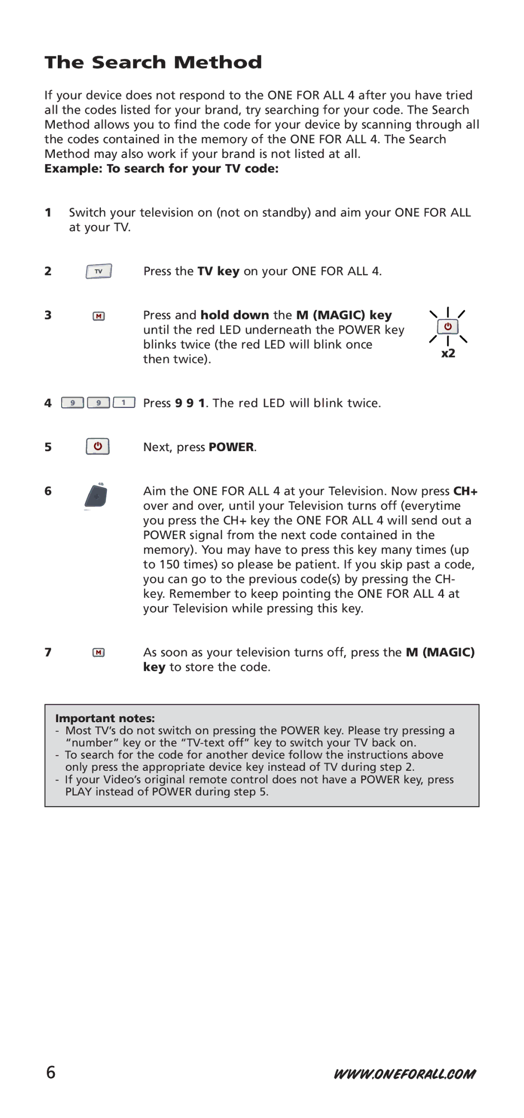 One for All URC-7940, 704917 Search Method, Example To search for your TV code, Press the TV key on your ONE for ALL 