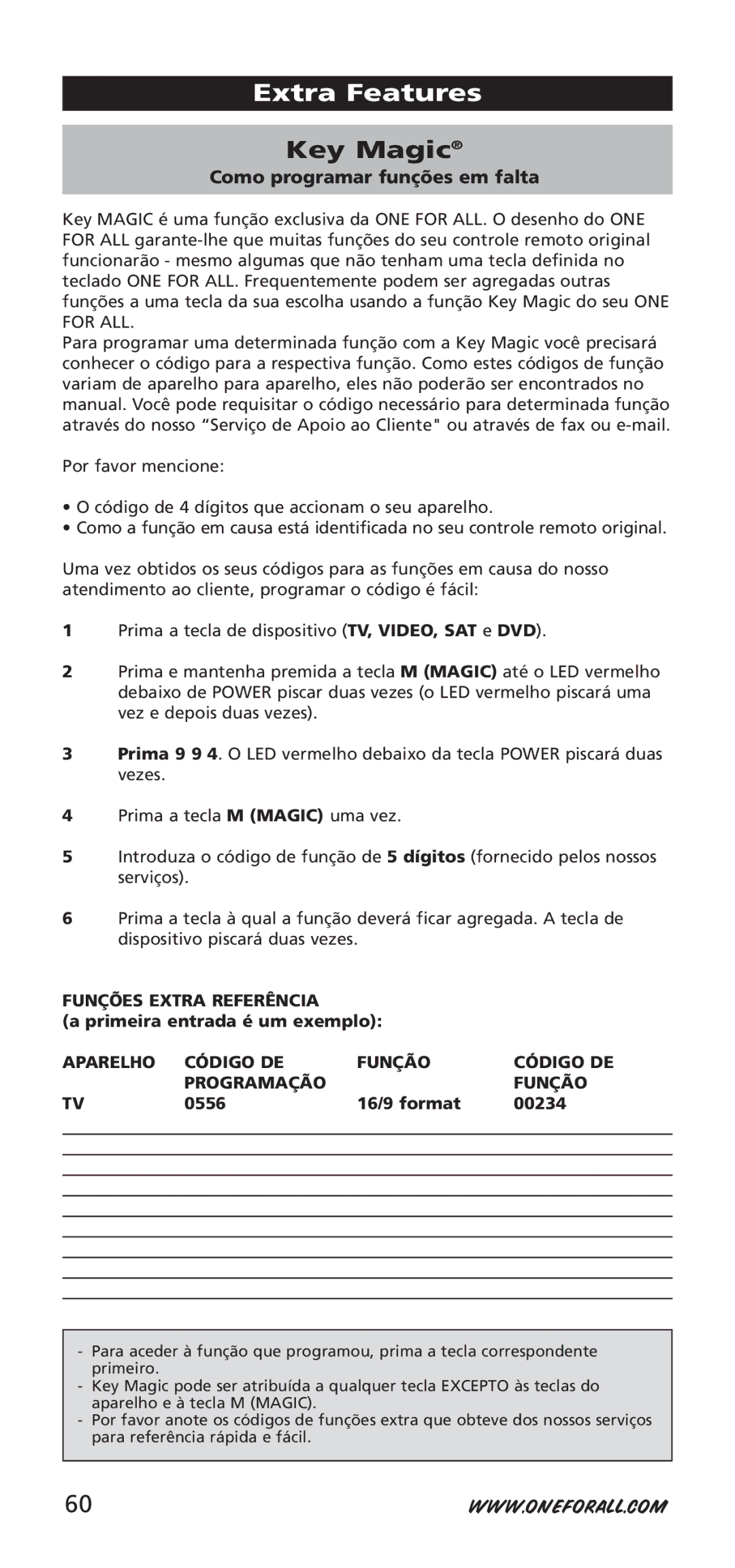 One for All URC-7940 Funções Extra Referência, Primeira entrada é um exemplo, Aparelho Código DE Função Programação 