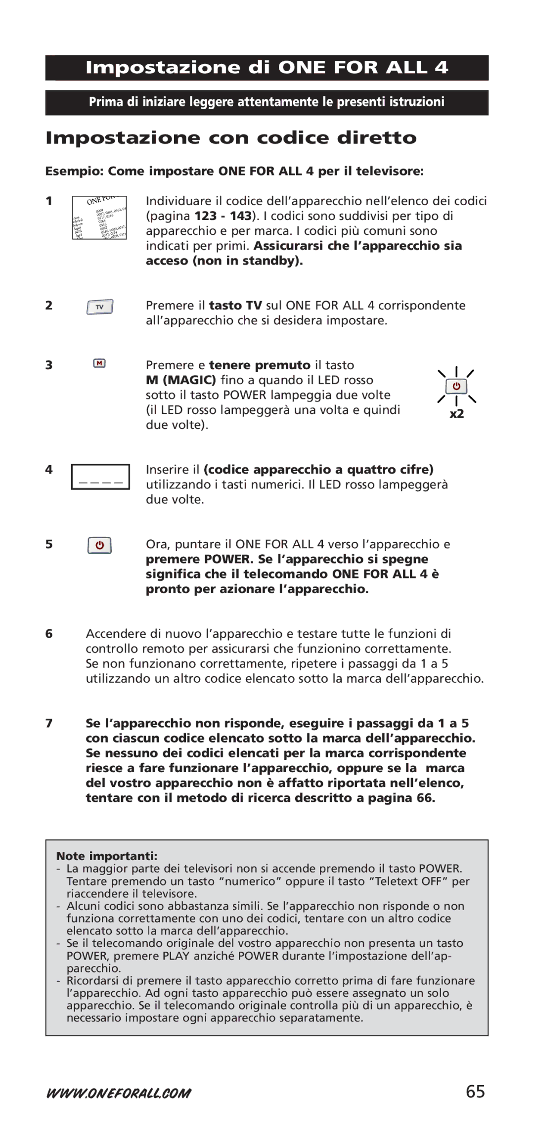 One for All 704917, URC-7940 instruction manual Impostazione di ONE for ALL, Impostazione con codice diretto 