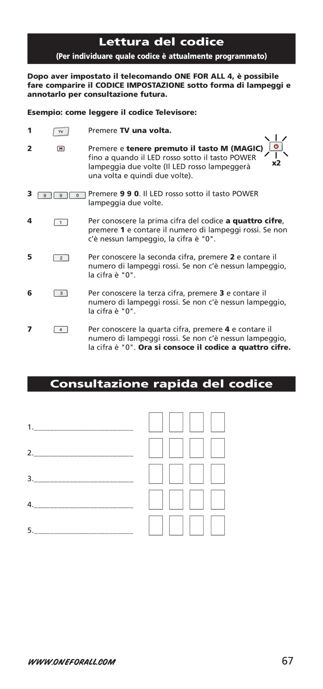 One for All 704917, URC-7940 instruction manual Lettura del codice, Consultazione rapida del codice 