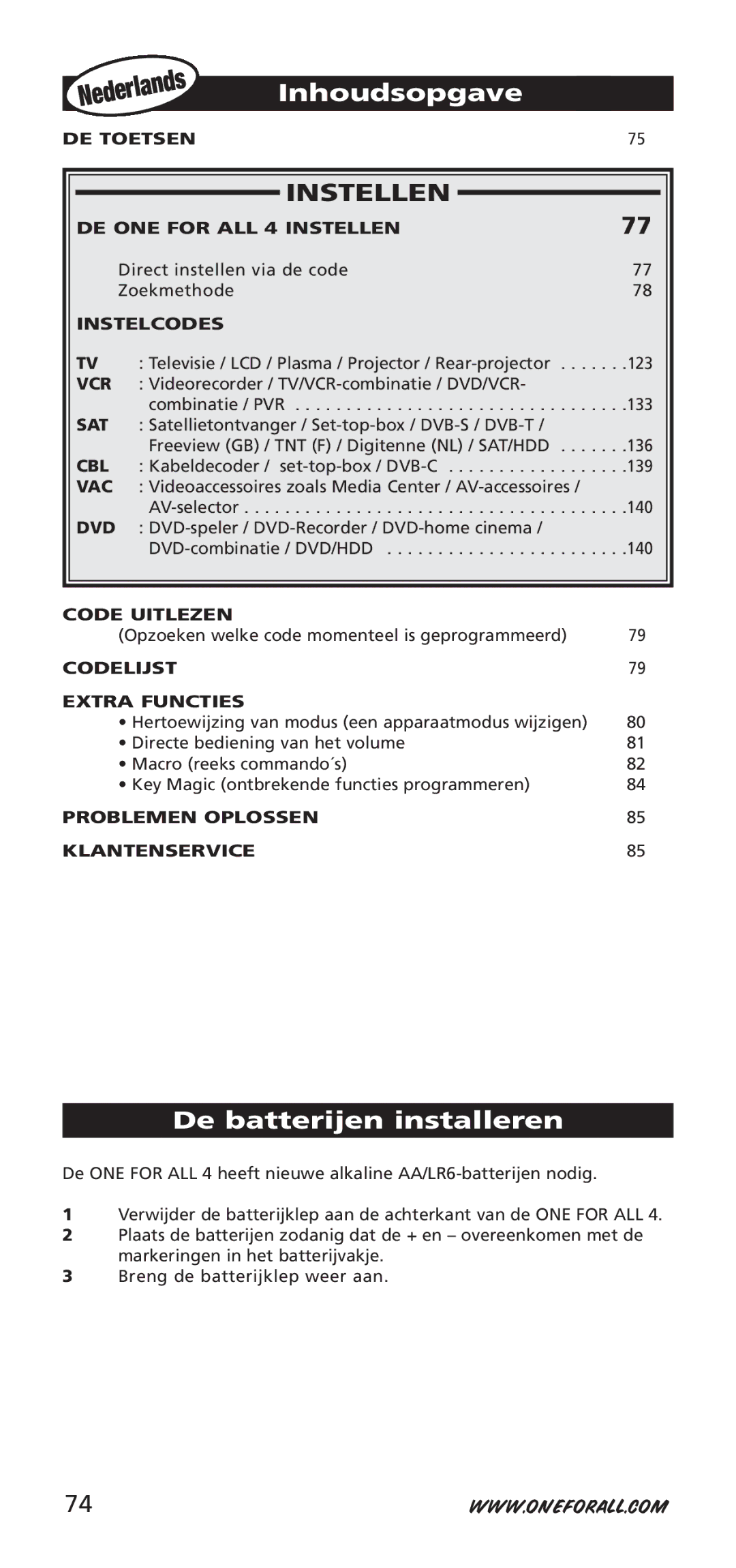 One for All URC-7940, 704917 instruction manual Inhoudsopgave, De batterijen installeren 