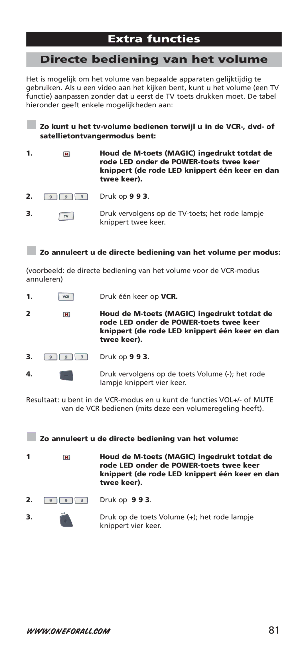 One for All 704917 Directe bediening van het volume, Druk één keer op VCR, Druk vervolgens op de toets Volume het rode 