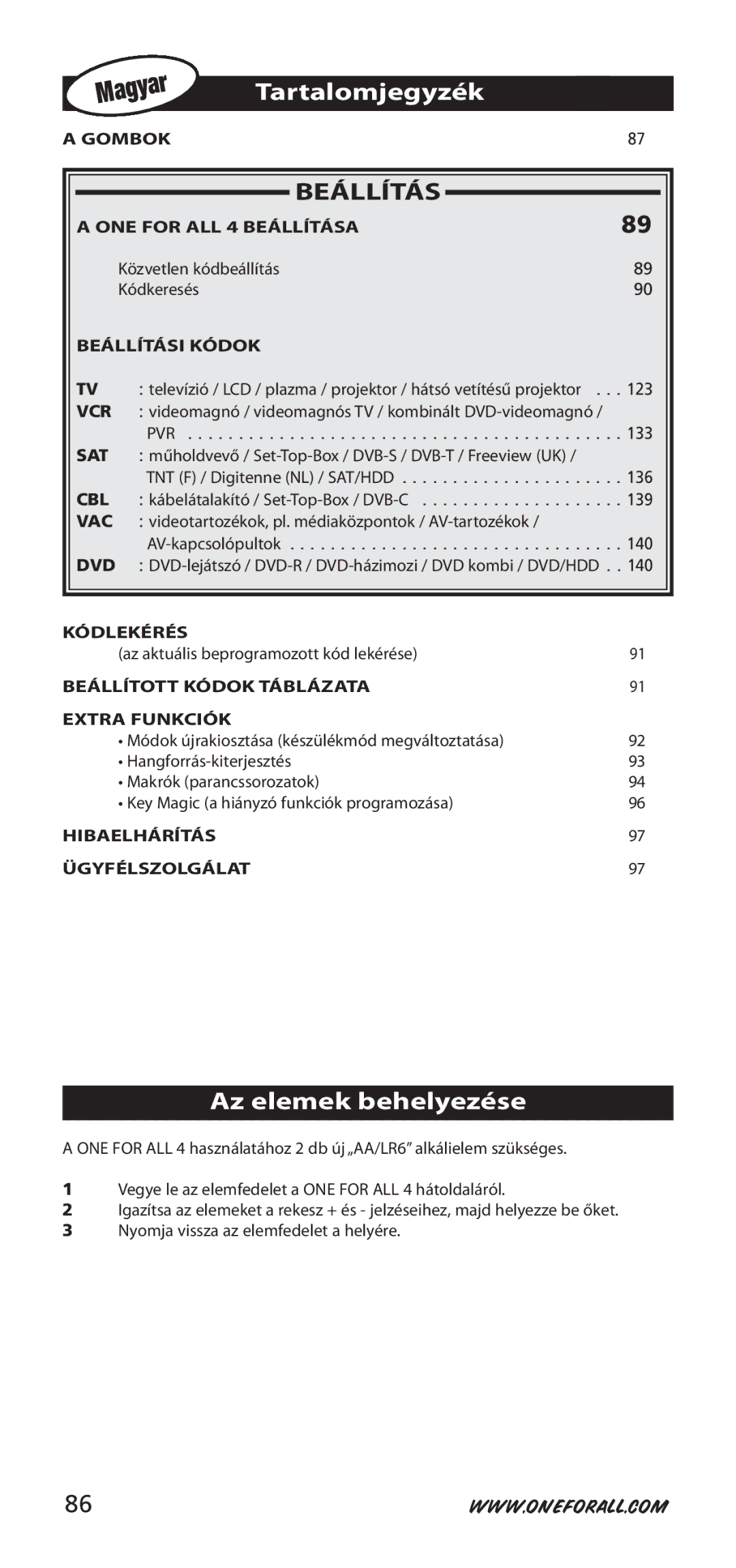 One for All URC-7940, 704917 instruction manual Tartalomjegyzék, Az elemek behelyezése 