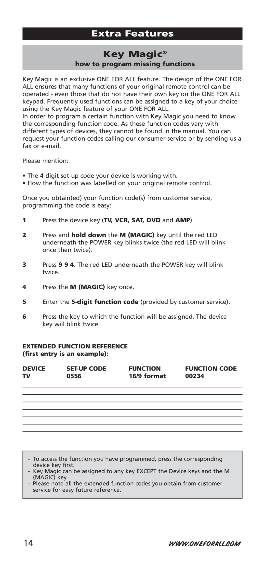 One for All 704918, URC-7955 Key Magic, Extended Function Reference first entry is an example, 0556 16/9 format 00234 