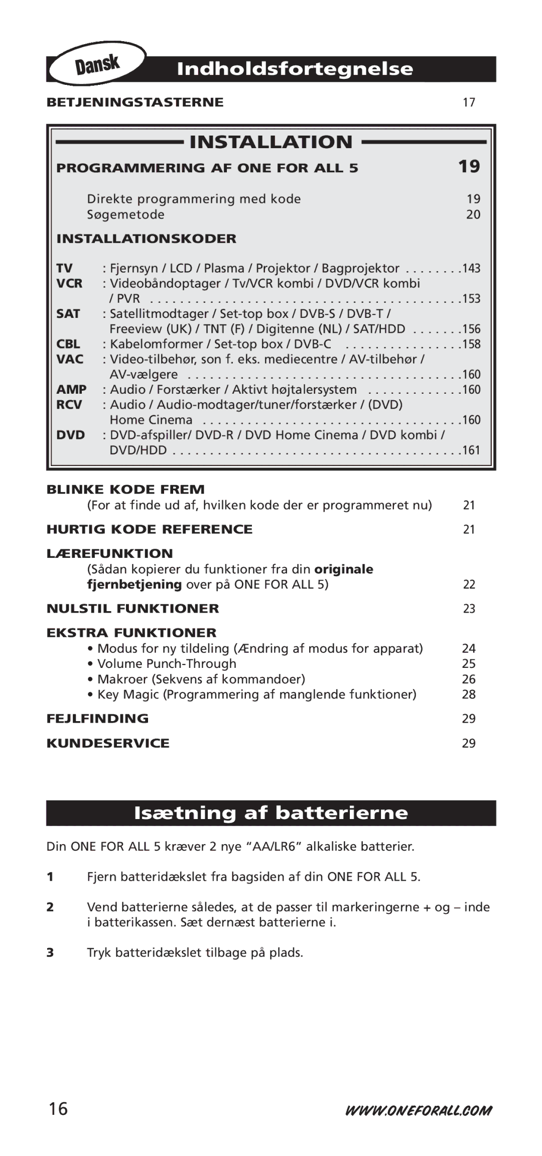 One for All URC-7950, URC-7955, 704918 instruction manual Indholdsfortegnelse, Isætning af batterierne 