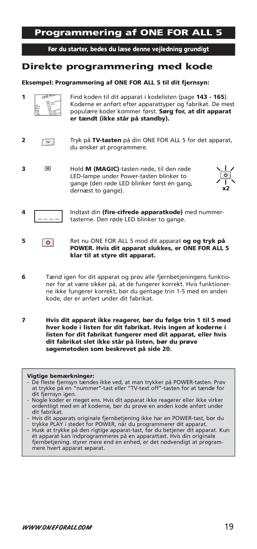 One for All URC-7950, URC-7955, 704918 instruction manual Programmering af ONE for ALL, Direkte programmering med kode 