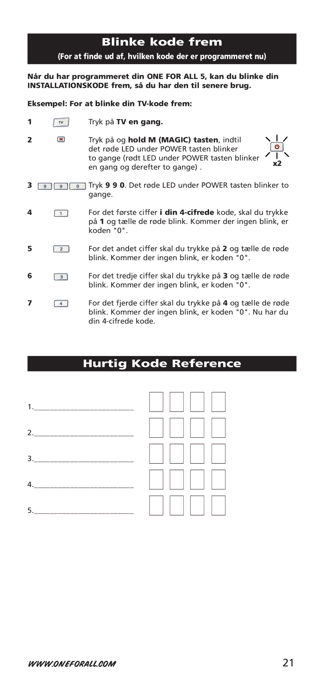 One for All URC-7955, URC-7950, 704918 instruction manual Blinke kode frem, Hurtig Kode Reference 