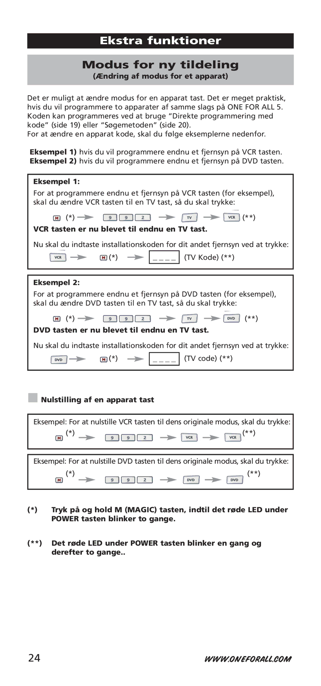 One for All URC-7955, URC-7950, 704918 instruction manual Ekstra funktioner, Modus for ny tildeling 