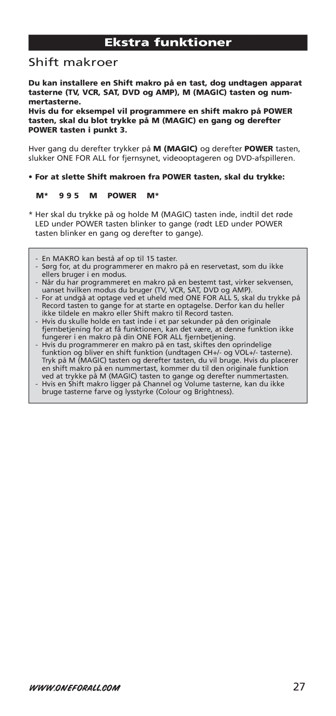 One for All URC-7955, URC-7950, 704918 instruction manual Shift makroer 