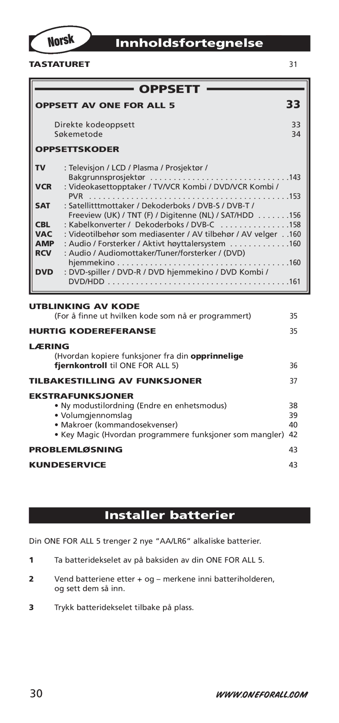 One for All URC-7955, URC-7950, 704918 instruction manual Innholdsfortegnelse, Installer batterier 