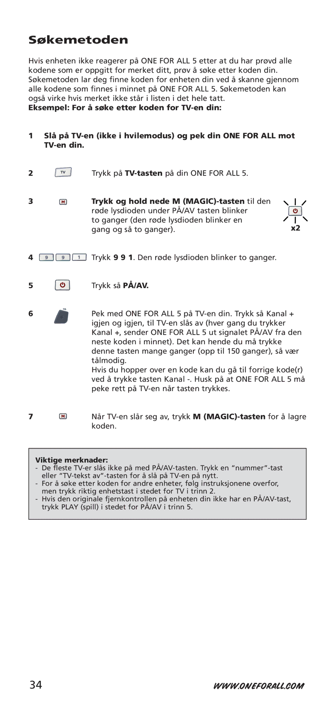 One for All URC-7950, URC-7955, 704918 instruction manual Søkemetoden 