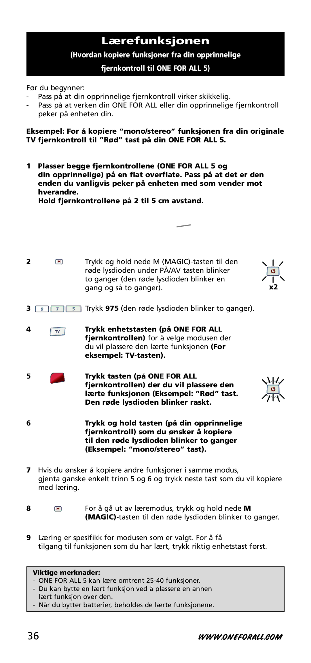 One for All URC-7955, URC-7950, 704918 instruction manual Lærefunksjonen 